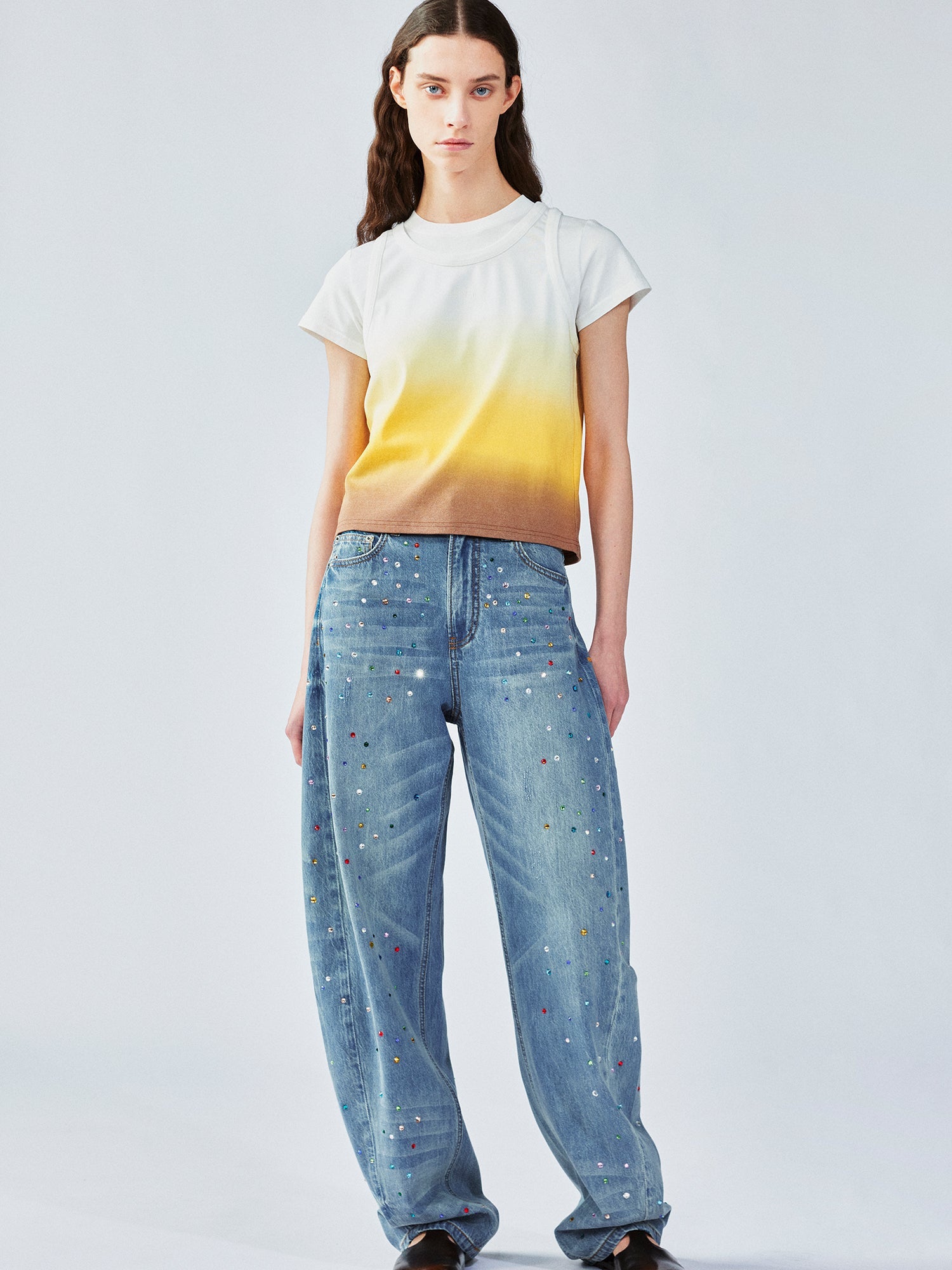 Rhinestone curved jeans