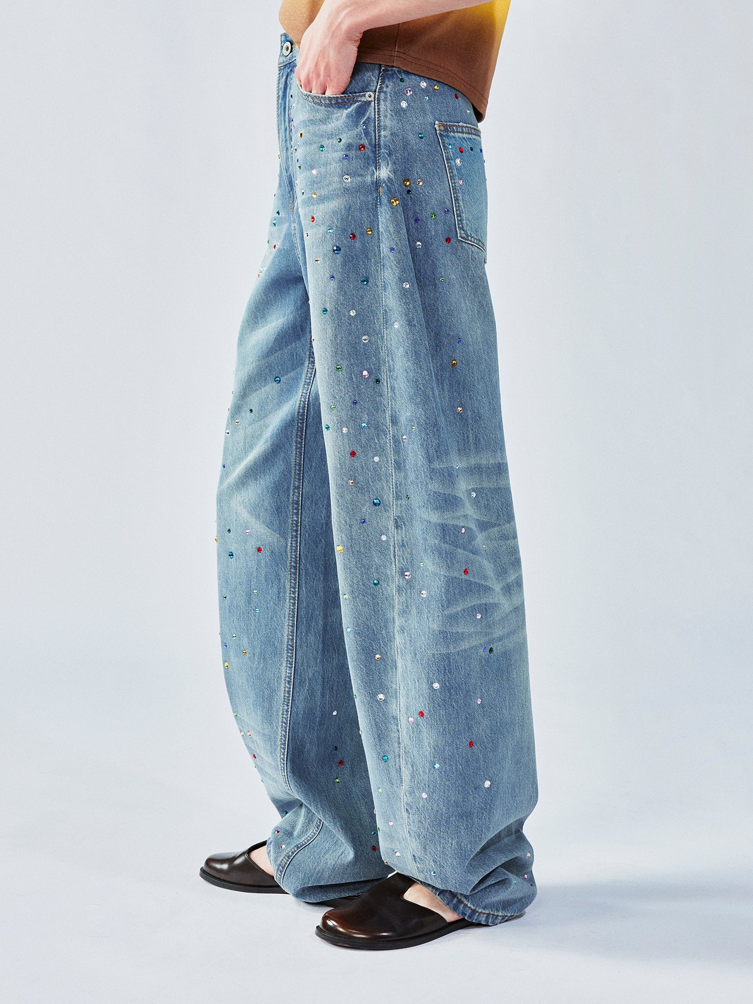 Rhinestone curved jeans