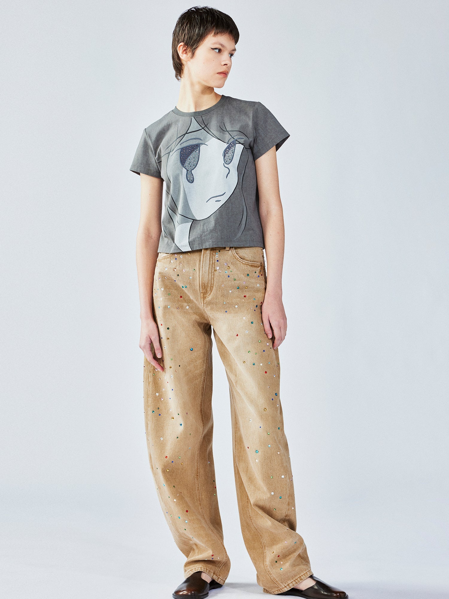 Rhinestone curved jeans