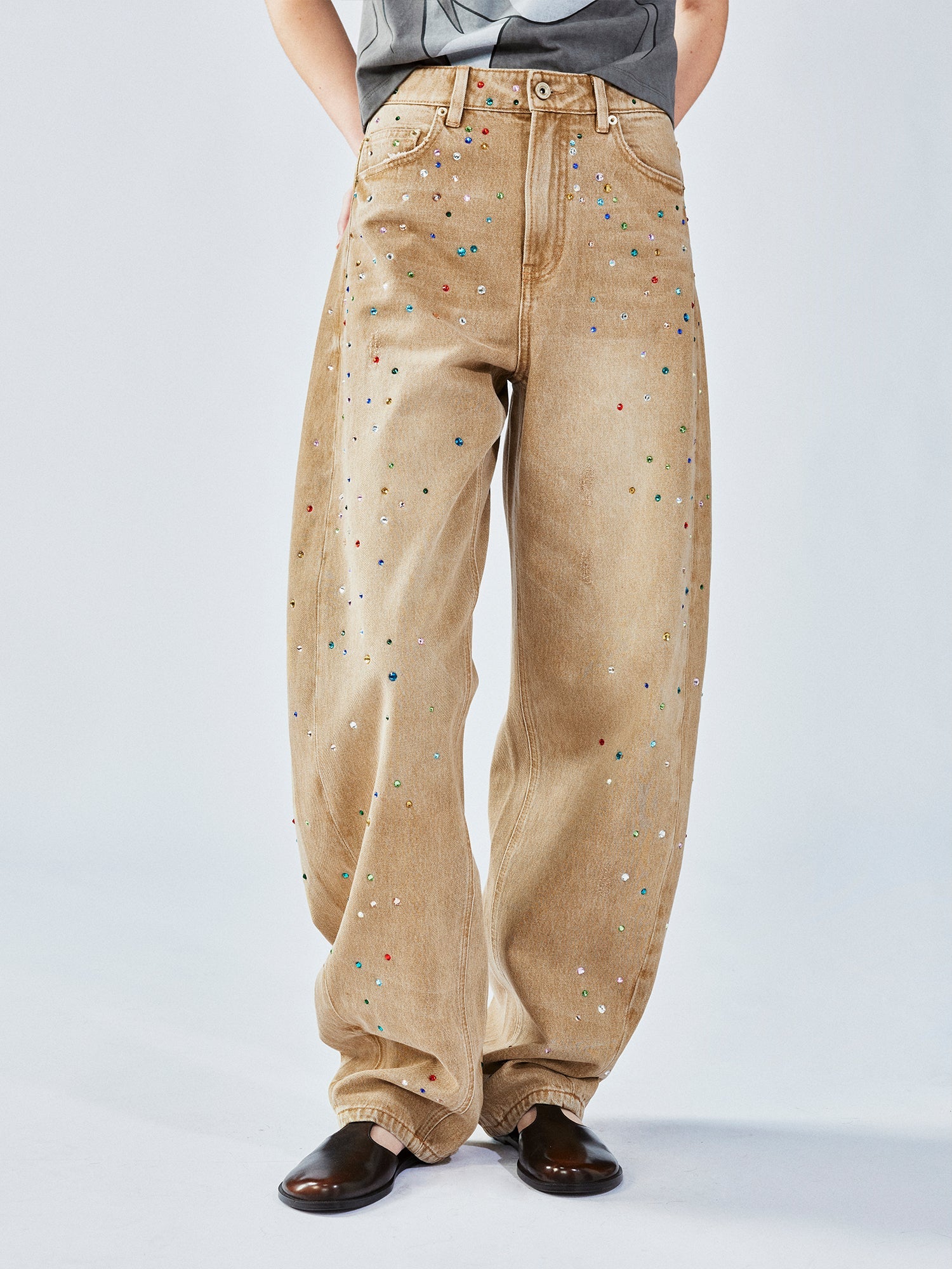 Rhinestone curved jeans