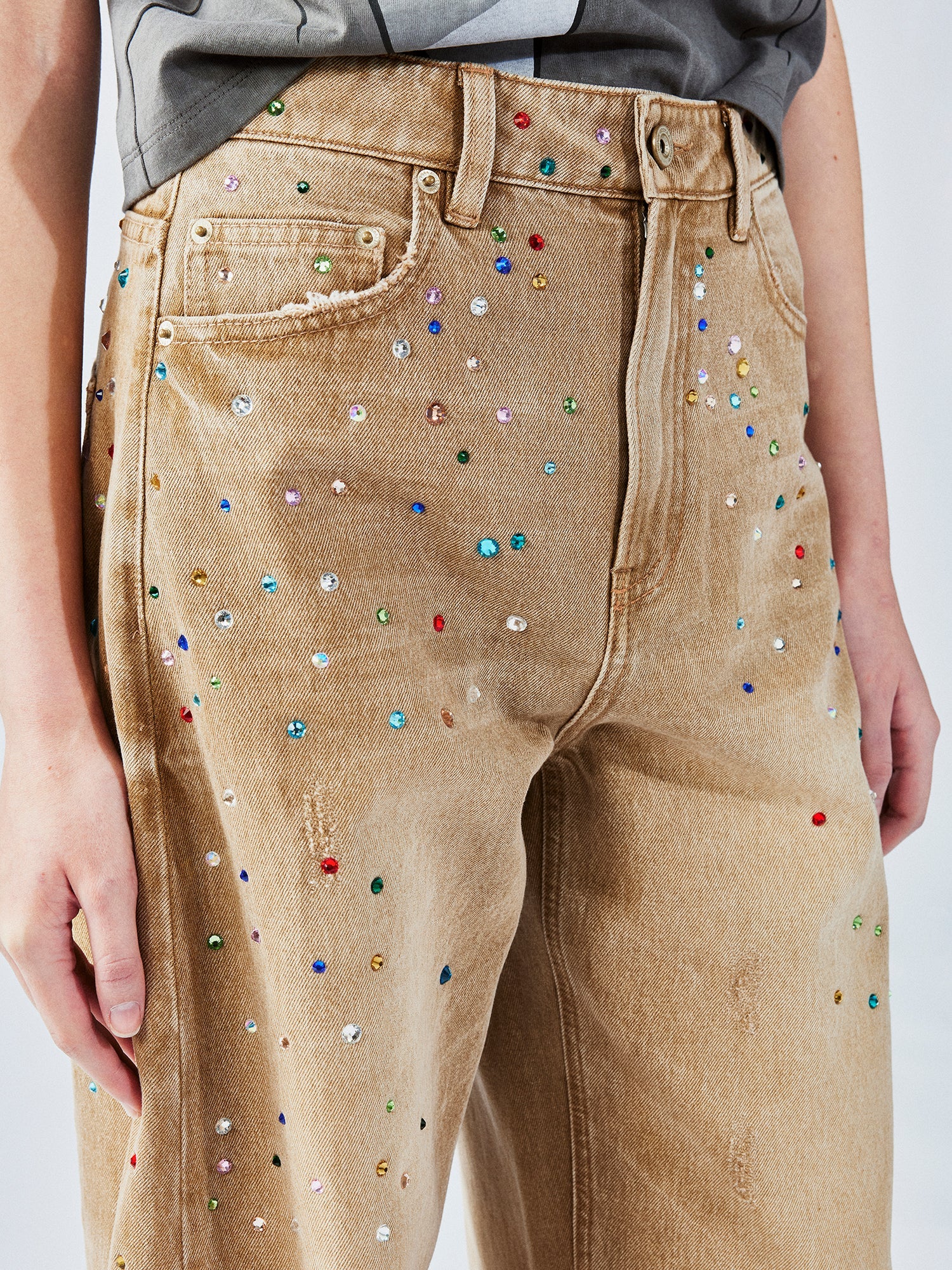 Rhinestone curved jeans
