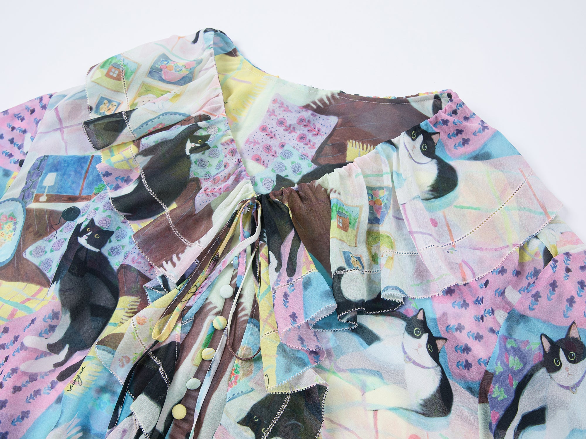 Ruffle-trimmed cat print blouse