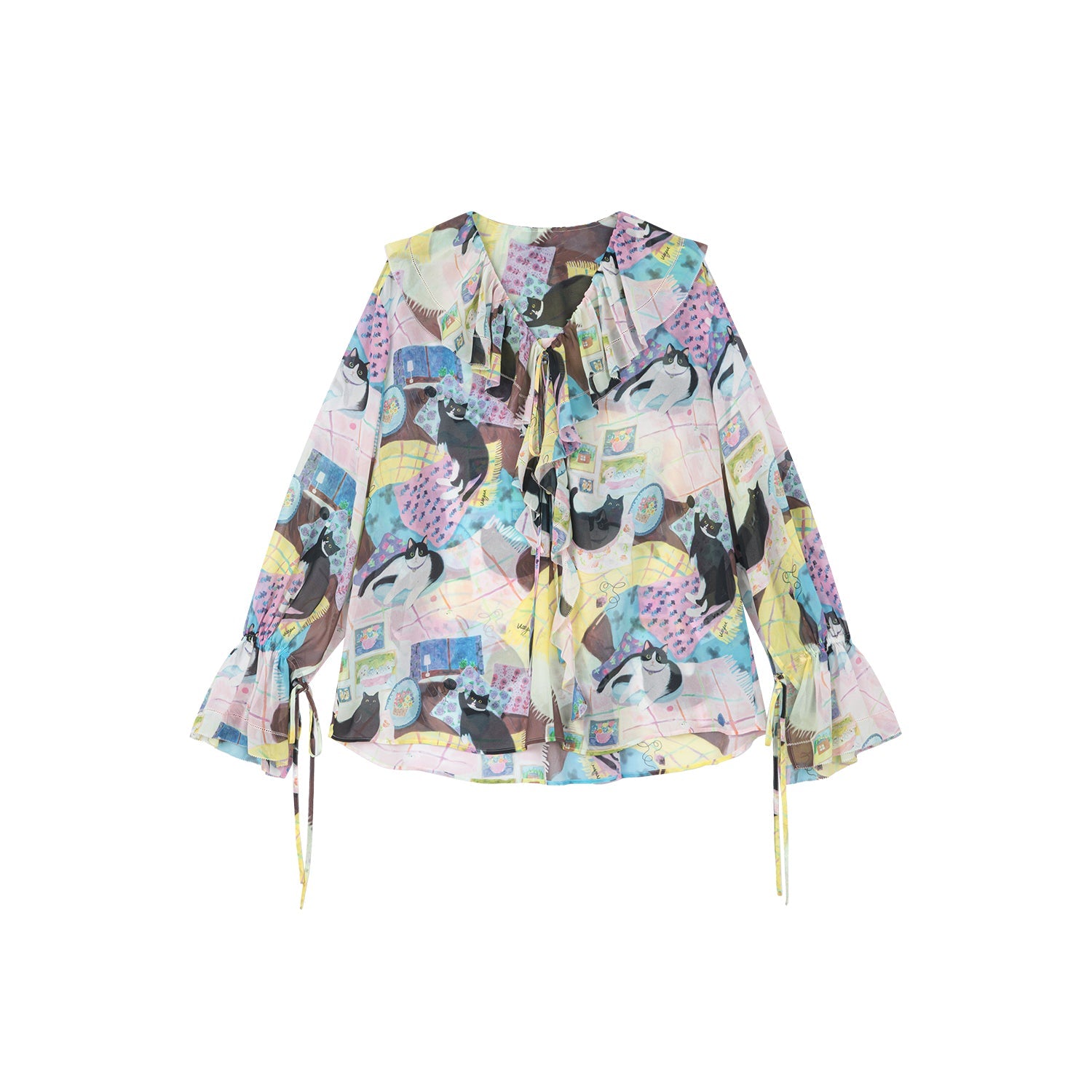 Ruffle-trimmed cat print blouse