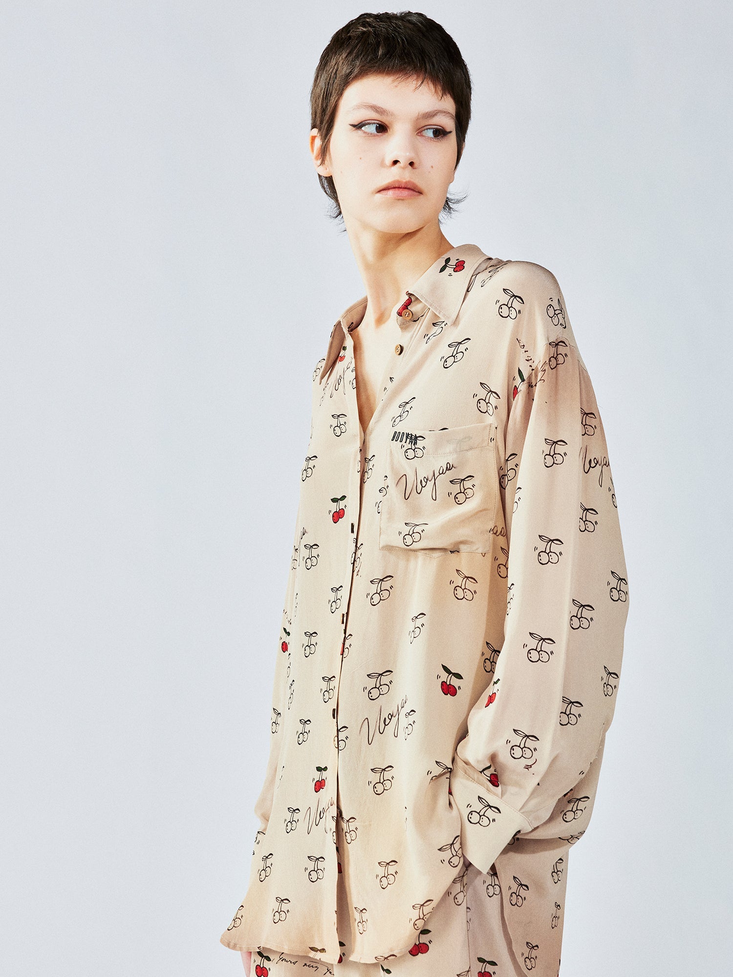 Hand-sketched dynamic cherry print shirt