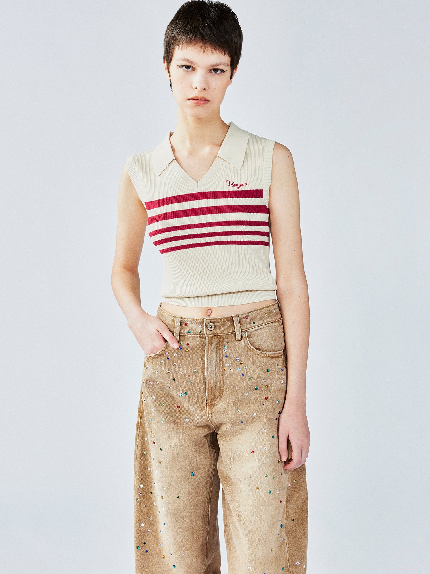 Retro striped POLO knit vest