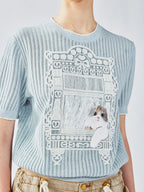 ニット猫窓風景Tシャツ