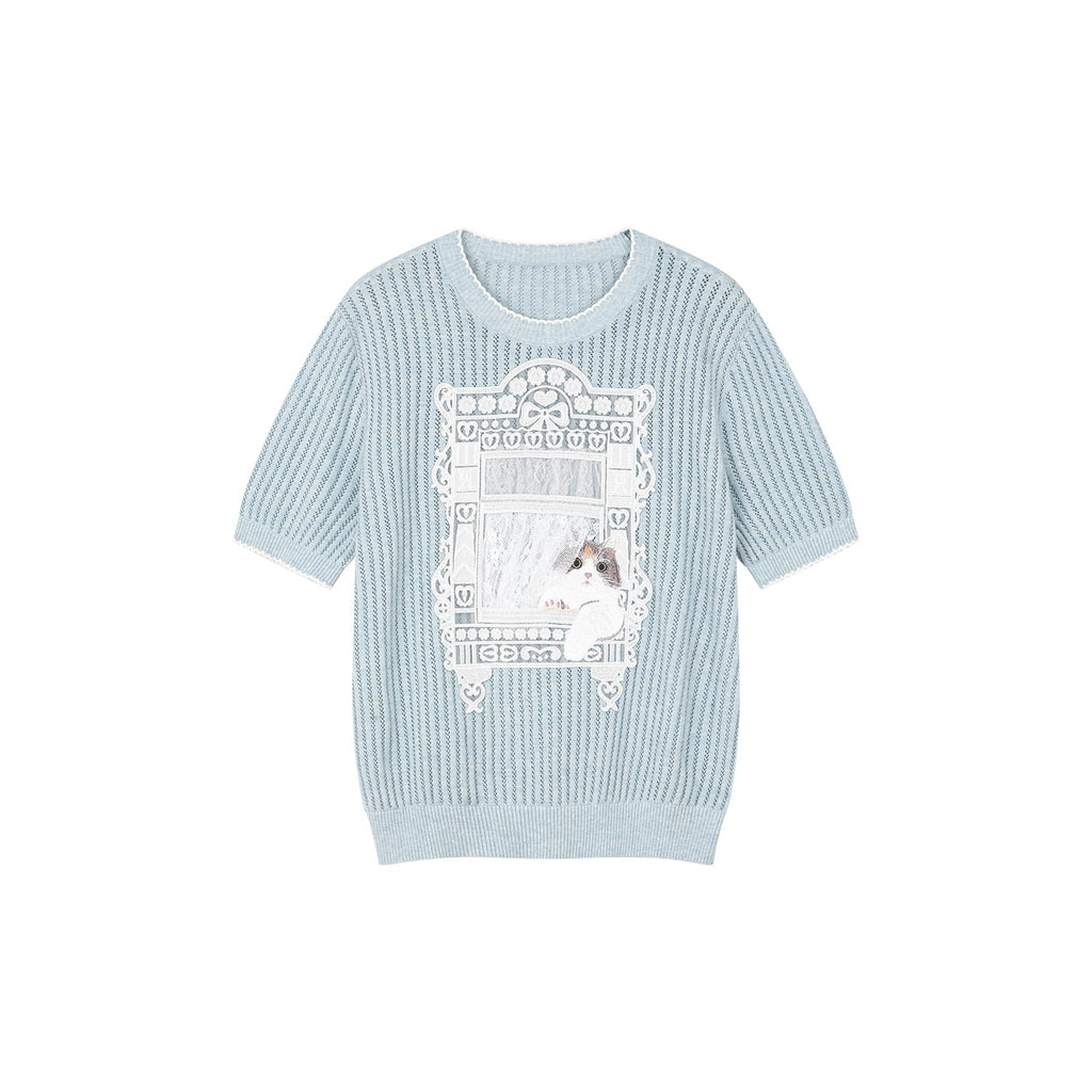 ニット猫窓風景Tシャツ