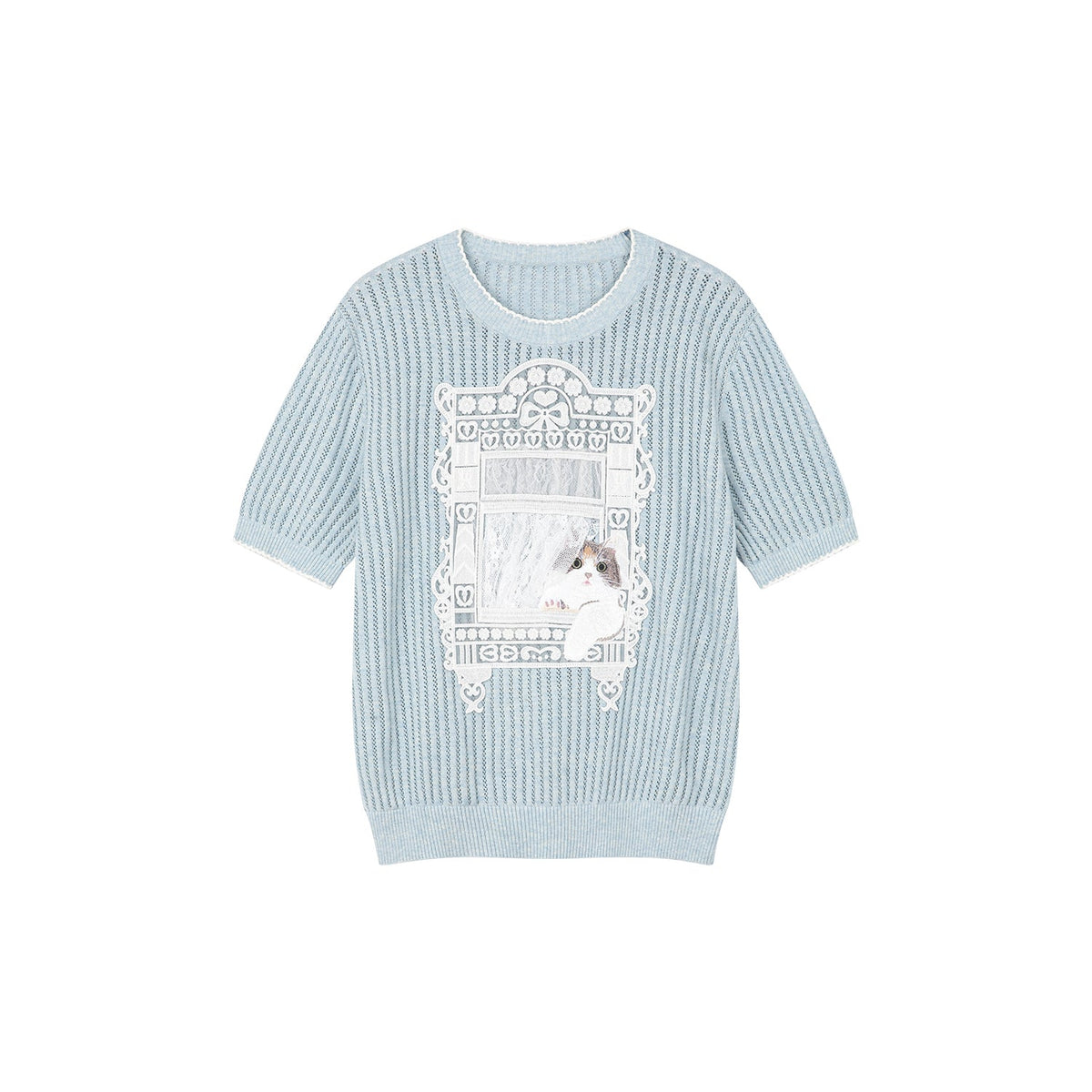 ニット猫窓風景Tシャツ