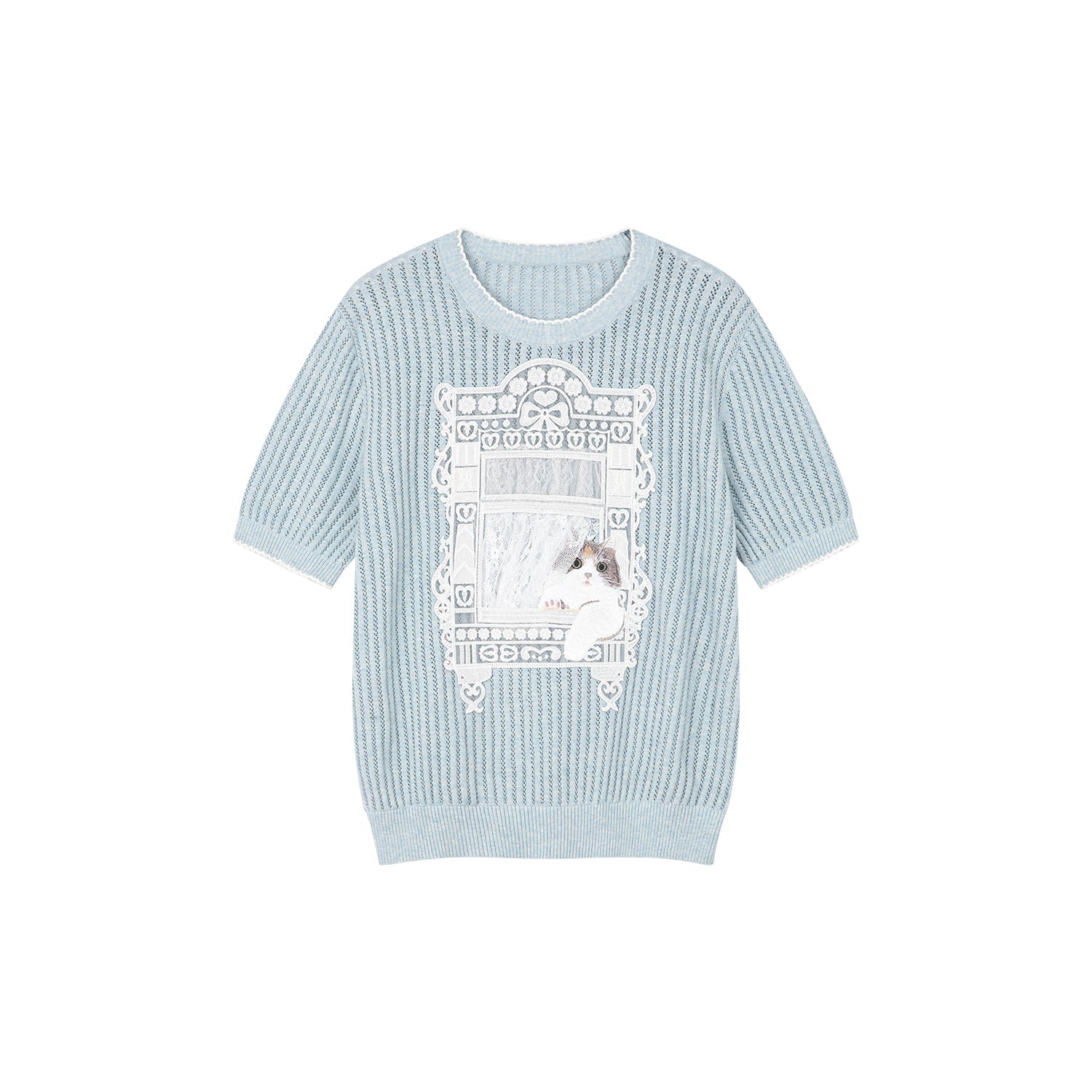 ニット猫窓風景Tシャツ