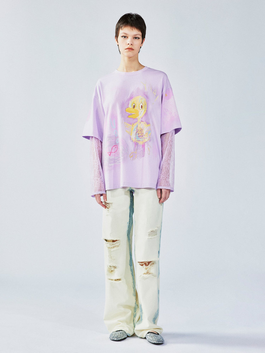 手描きダックレースのレイヤードTシャツ