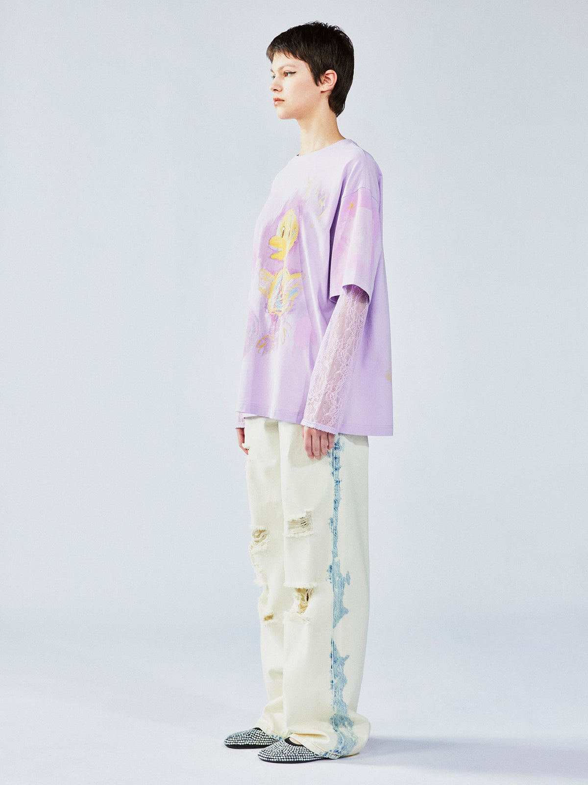 手描きダックレースのレイヤードTシャツ