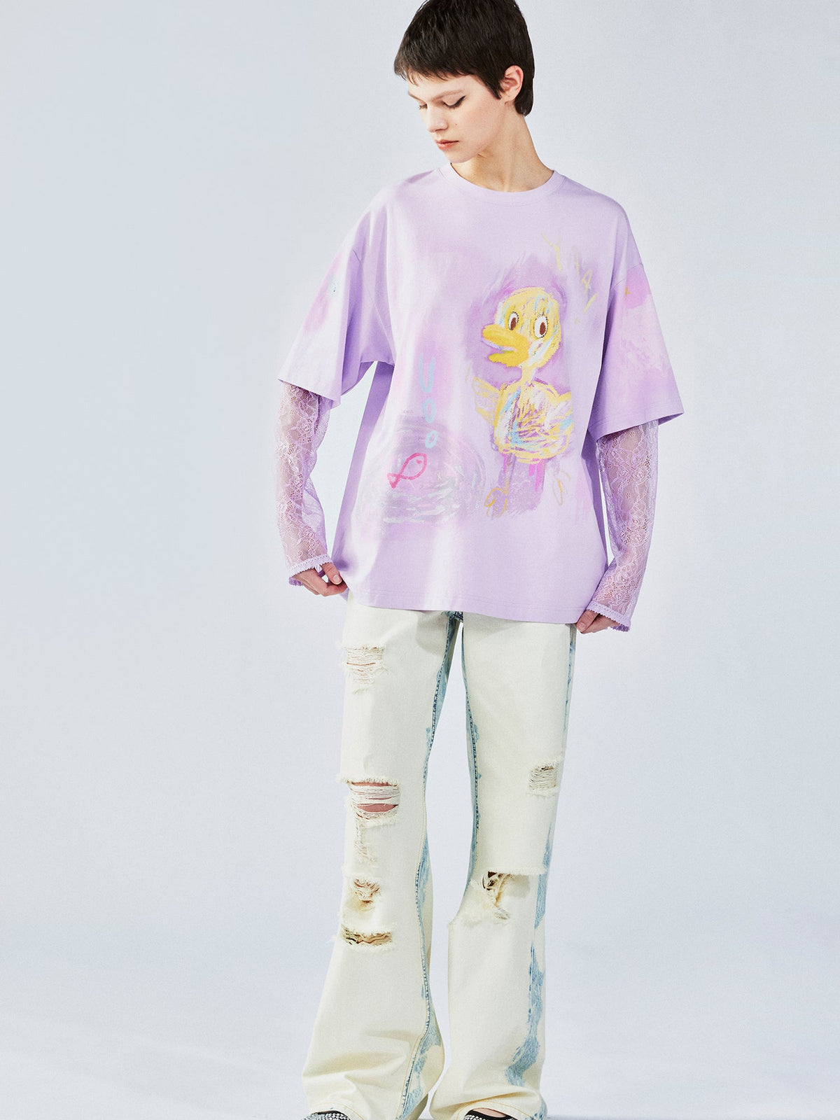 手描きダックレースのレイヤードTシャツ
