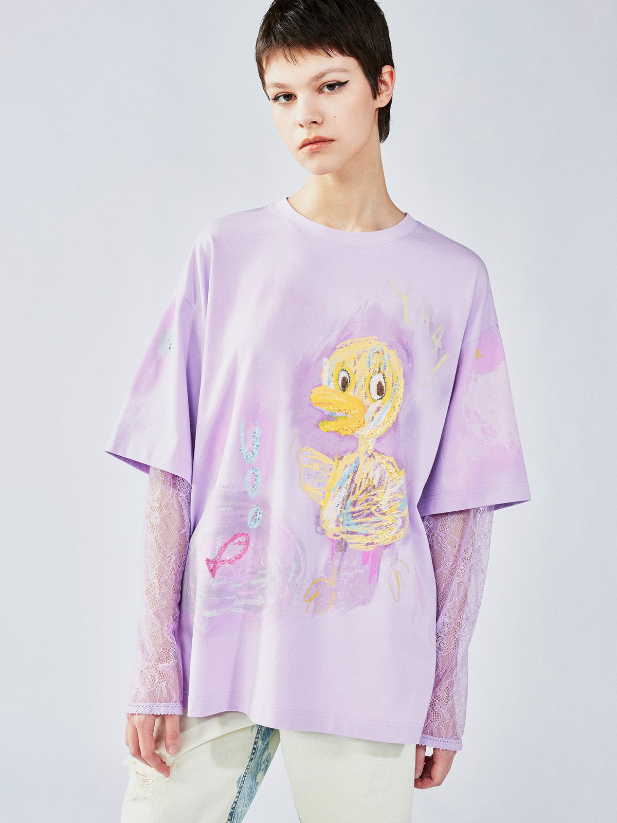 手描きダックレースのレイヤードTシャツ