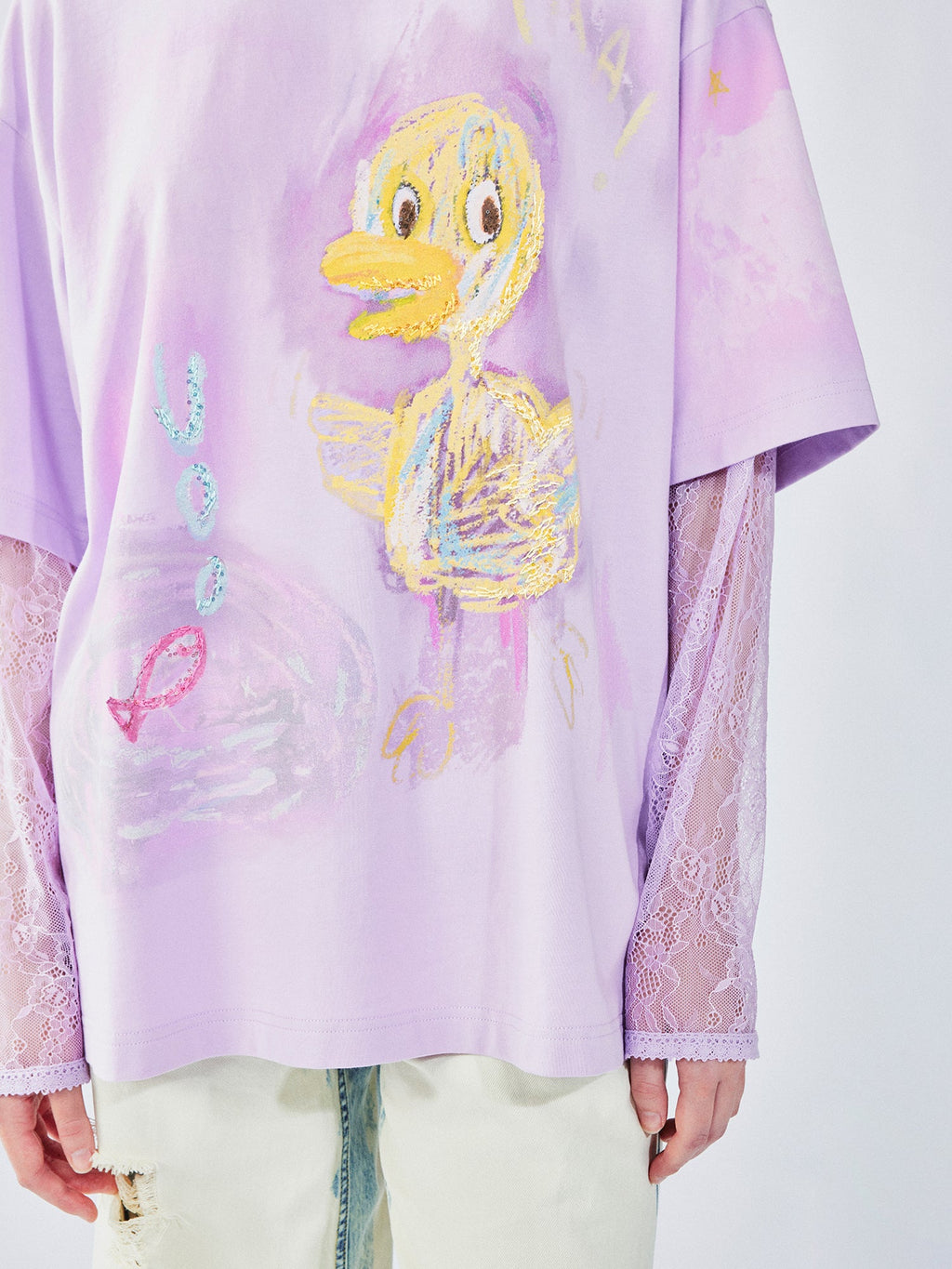 手描きダックレースのレイヤードTシャツ