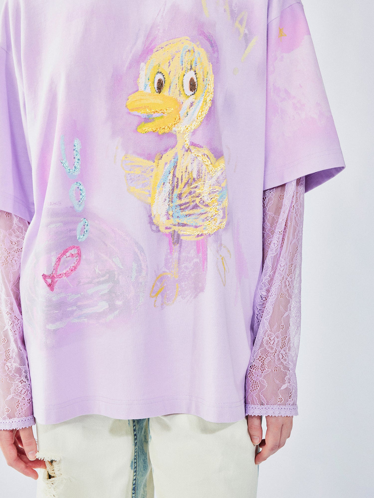 手描きダックレースのレイヤードTシャツ