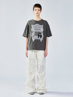 猫の窓風景アップリケTシャツ