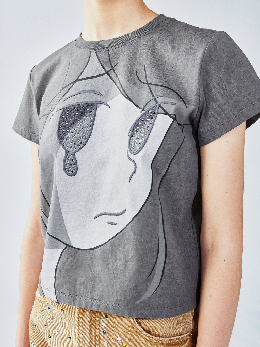 ムーディーガールプリントラインストーンTシャツ