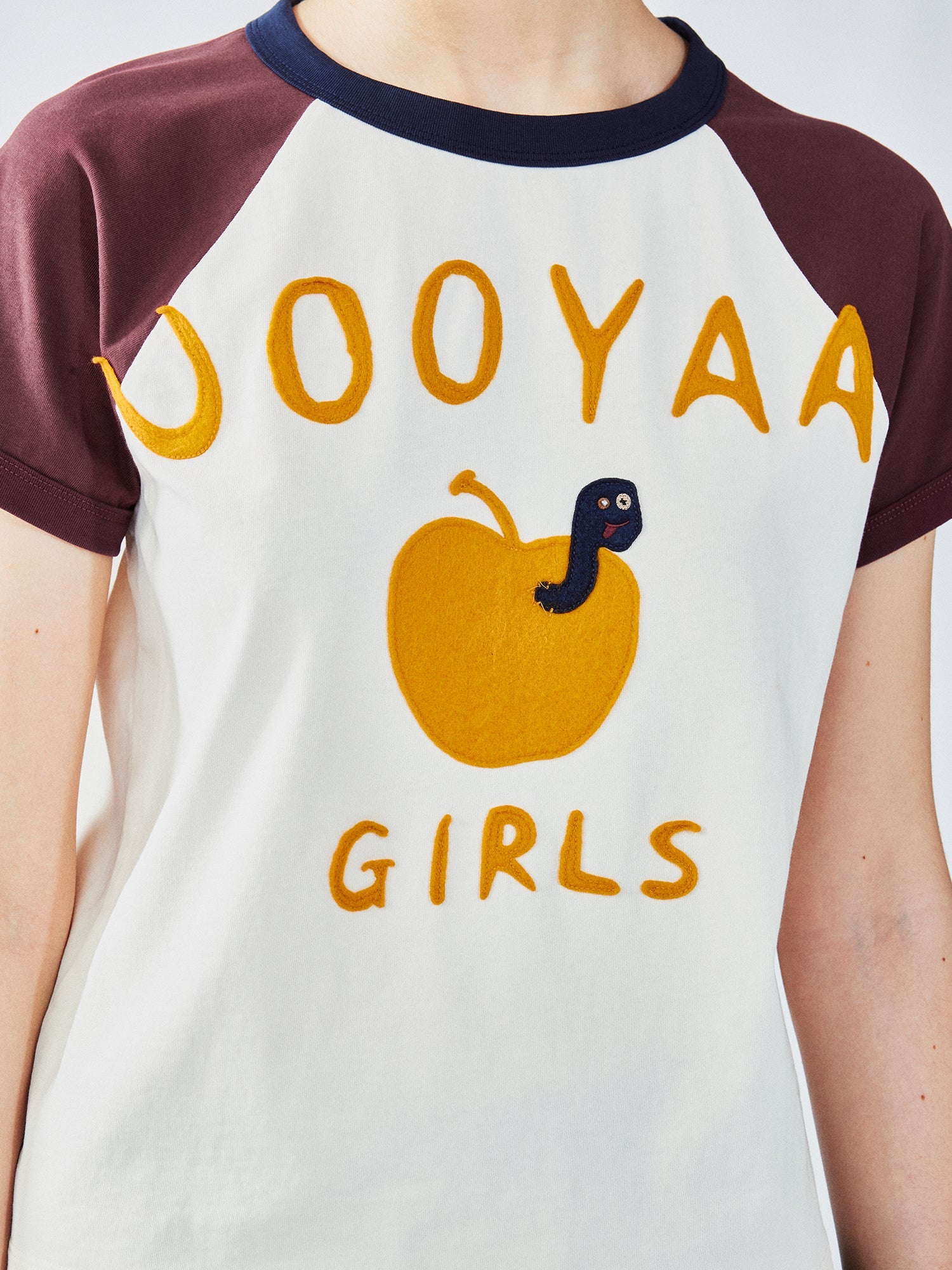 Apple worm felt appliqué raglan tee