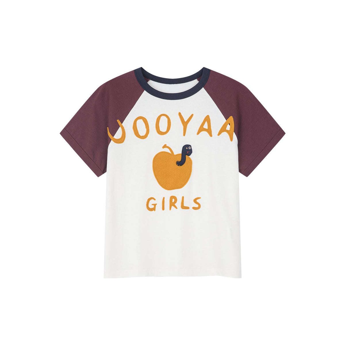 アップルワームのフェルトアップリケラグランTシャツ