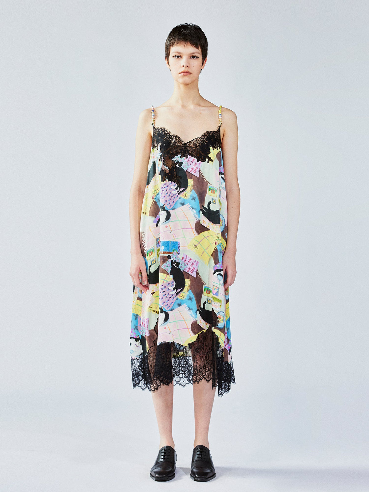 Lace slip dress with cat illustration