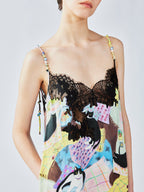 Lace slip dress with cat illustration