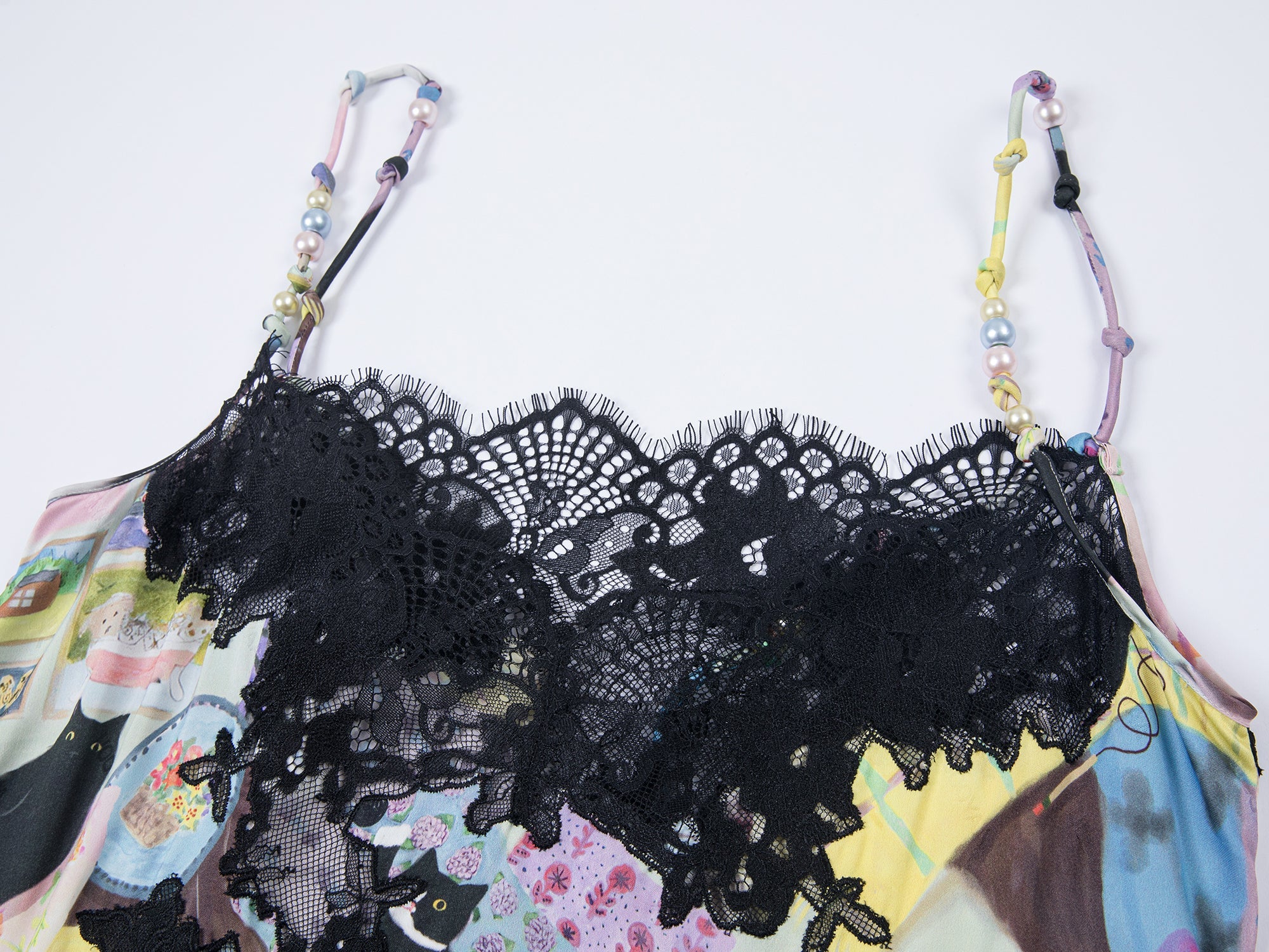 Lace slip dress with cat illustration