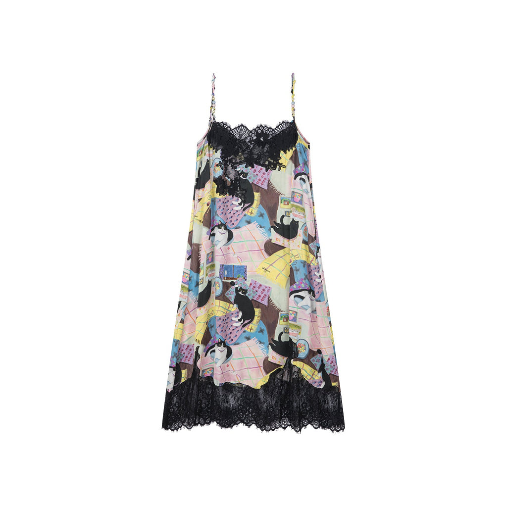 Lace slip dress with cat illustration