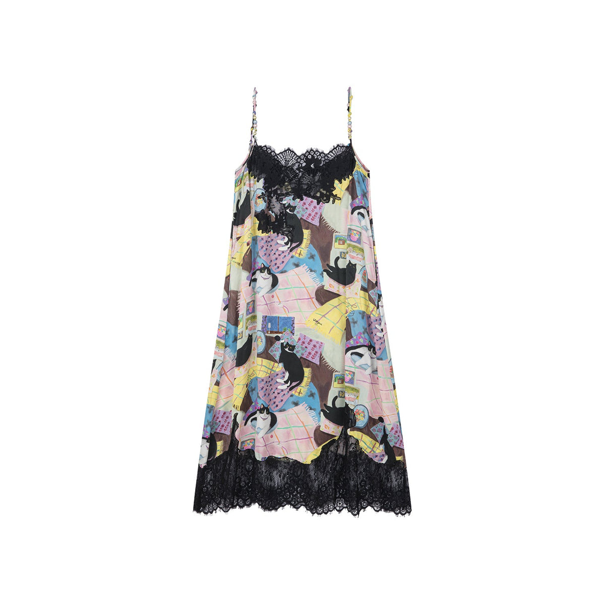 Lace slip dress with cat illustration