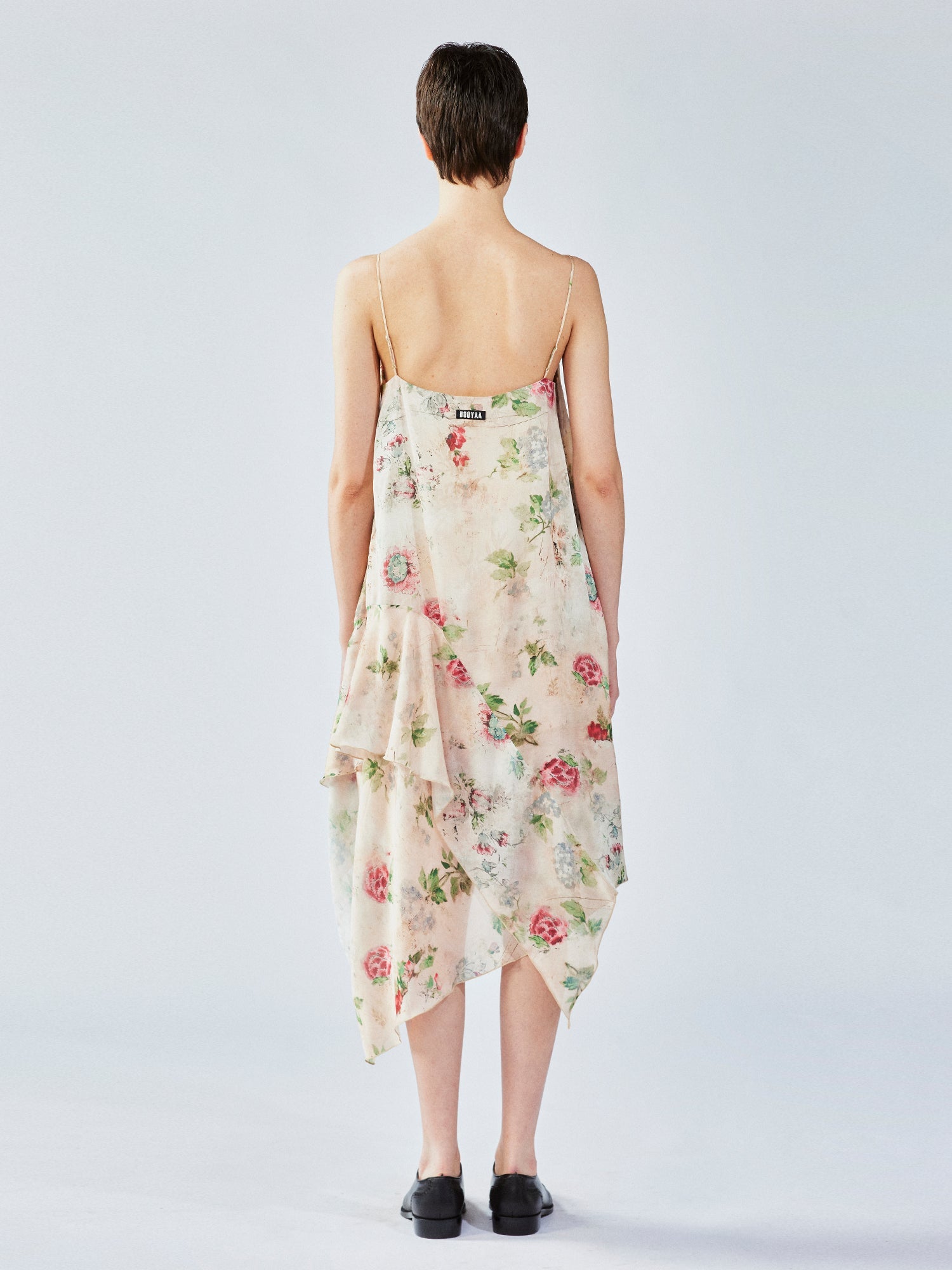 Vintage wallpaper-inspired floral asymmetric ruffle slip dress