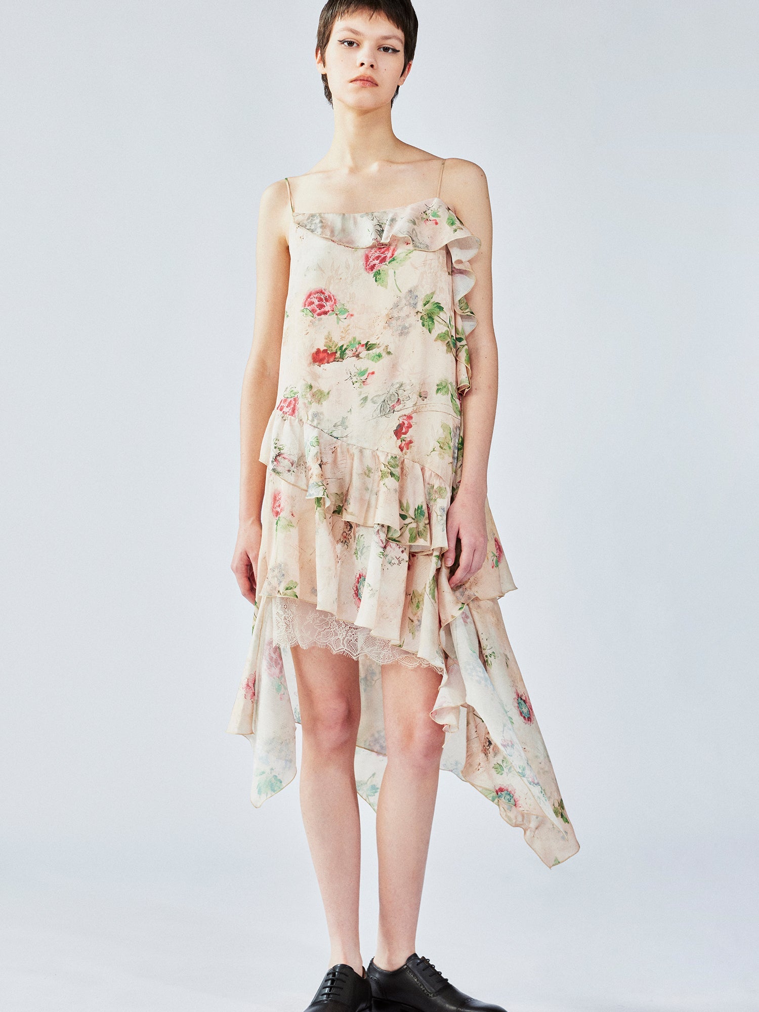 Vintage wallpaper-inspired floral asymmetric ruffle slip dress