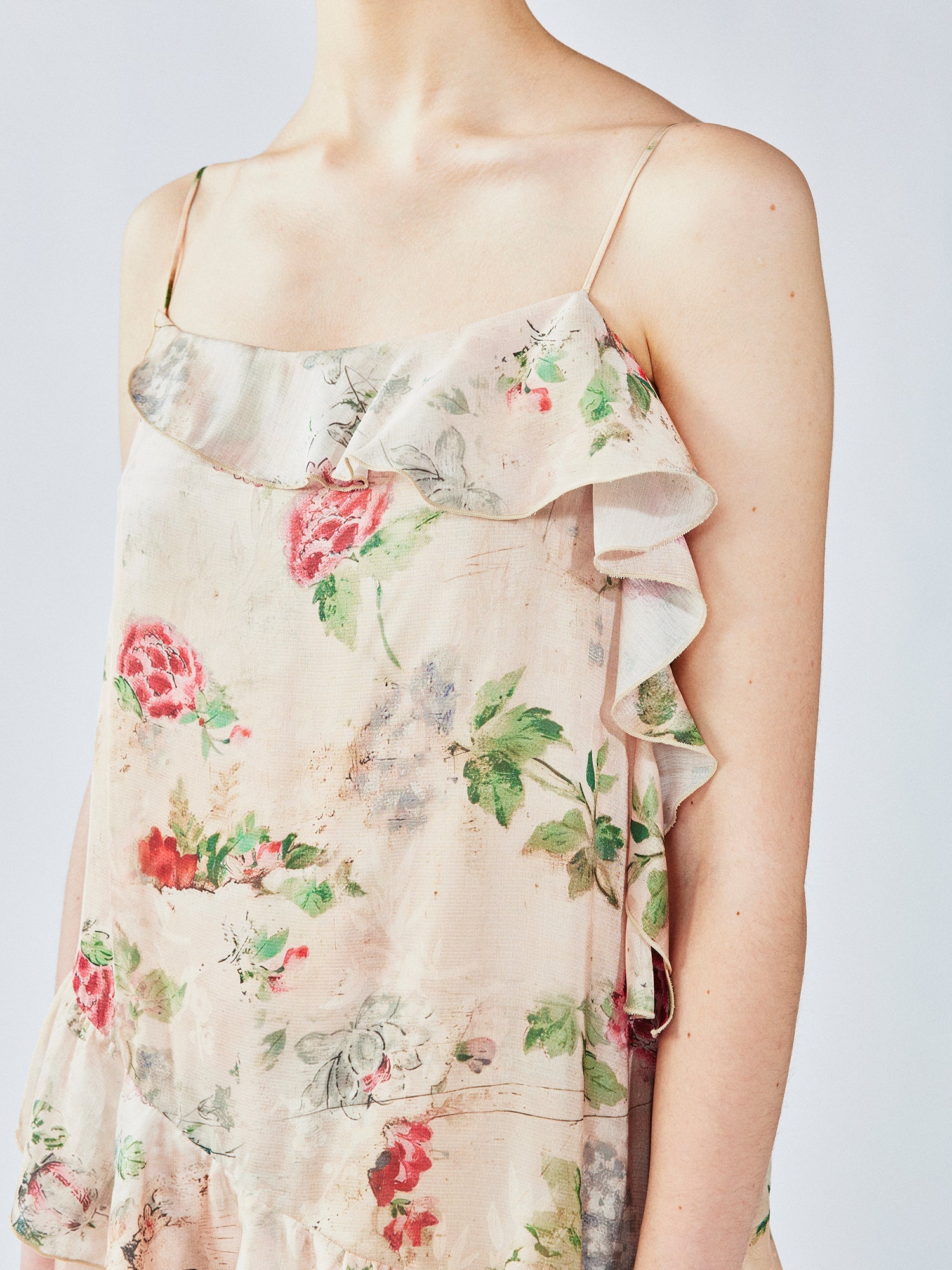 Vintage wallpaper-inspired floral asymmetric ruffle slip dress