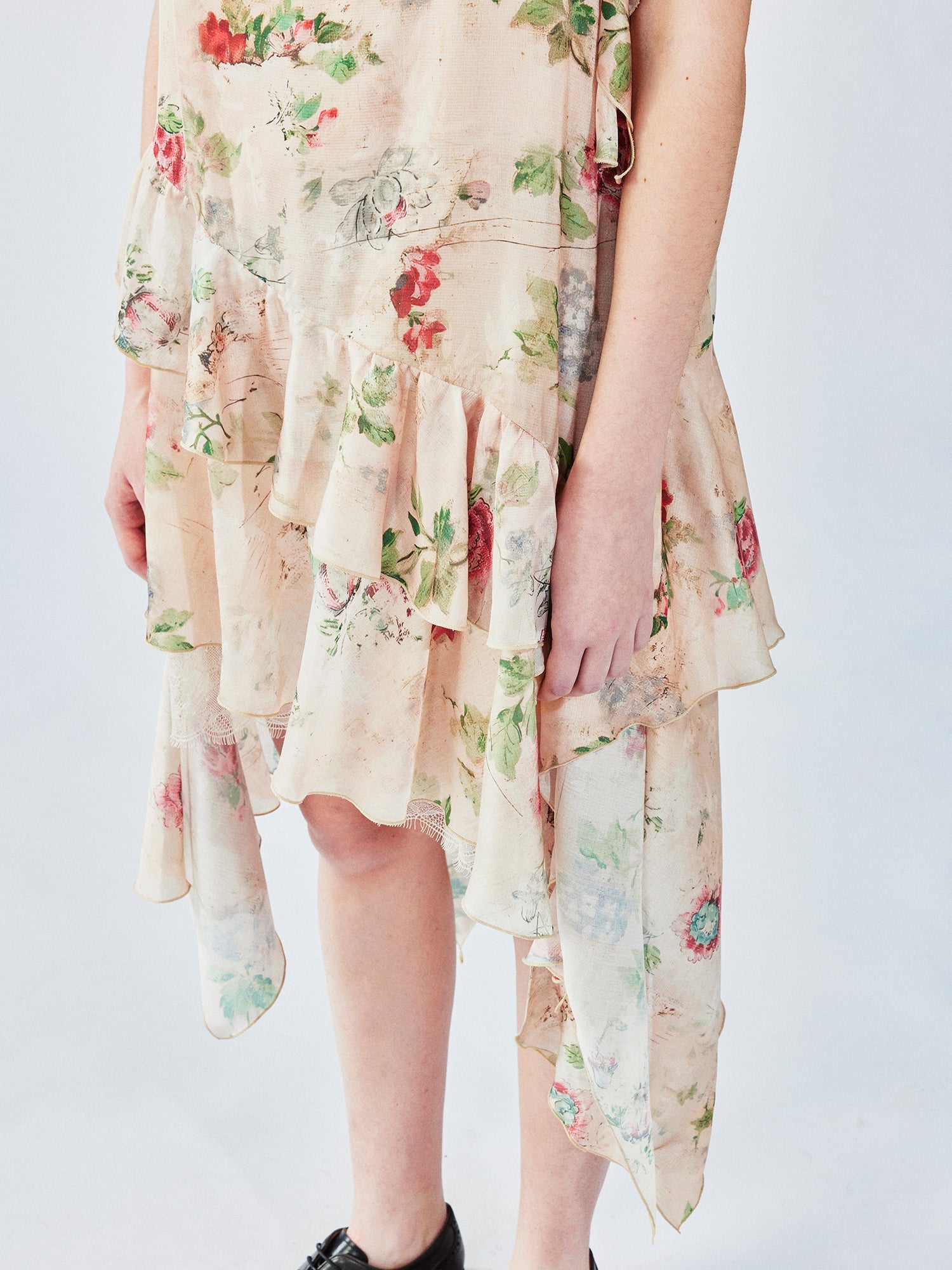 Vintage wallpaper-inspired floral asymmetric ruffle slip dress