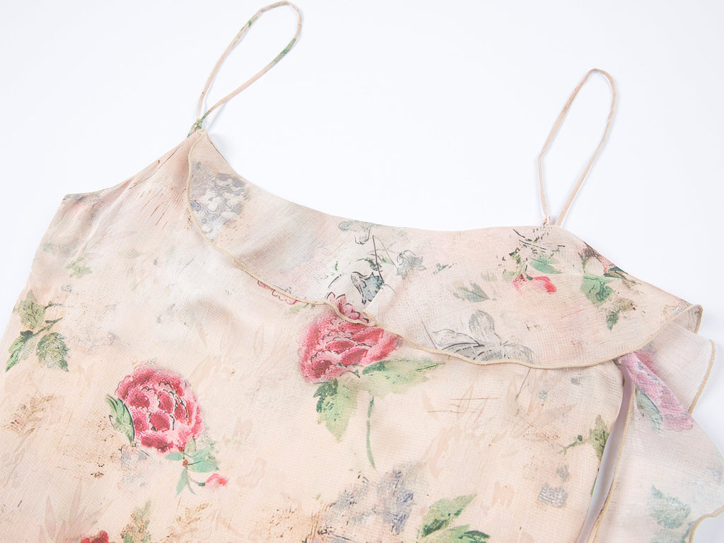 ヴィンテージ壁紙風の花柄アシンメトリーフリルスリップドレス