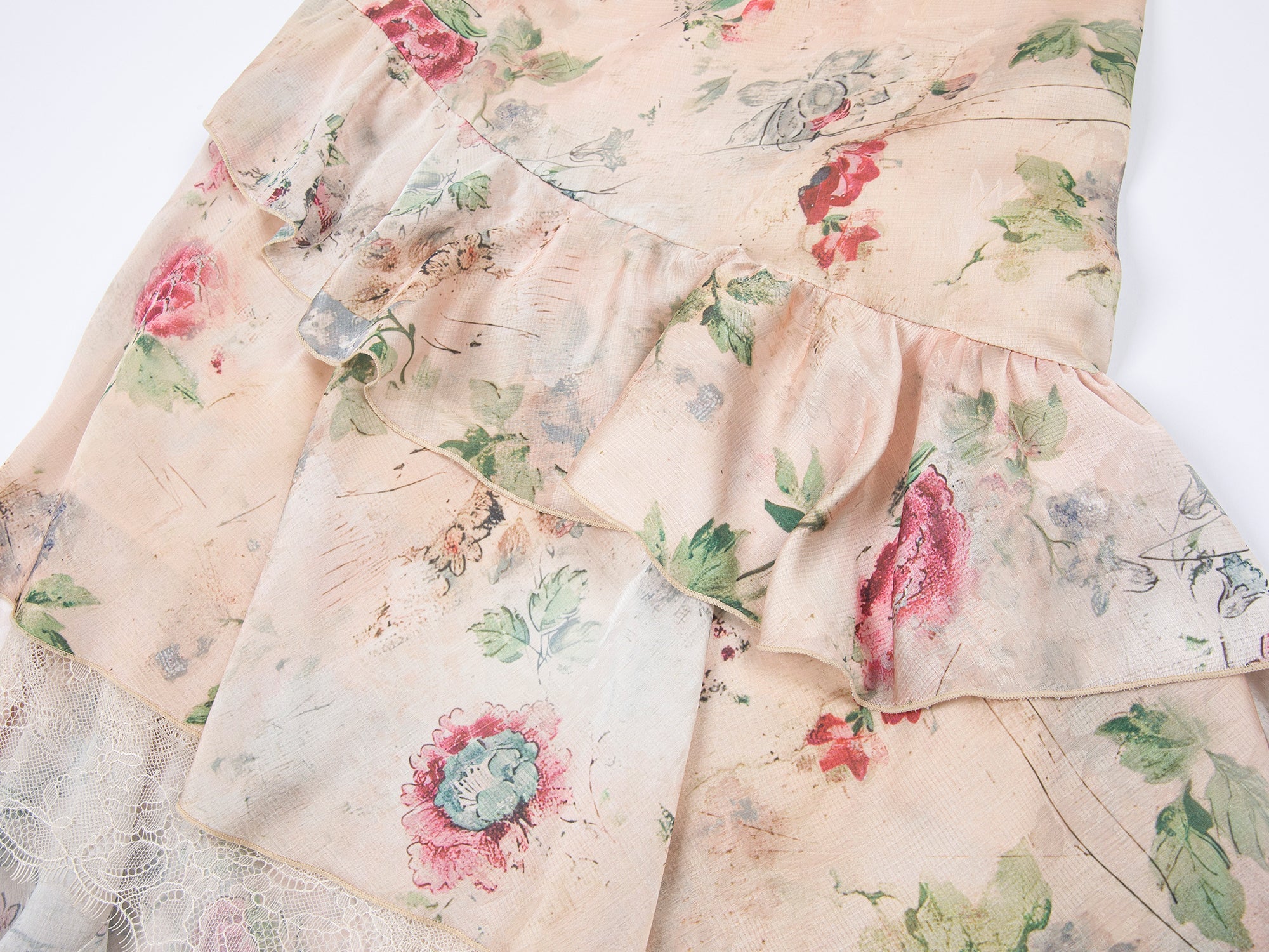 Vintage wallpaper-inspired floral asymmetric ruffle slip dress