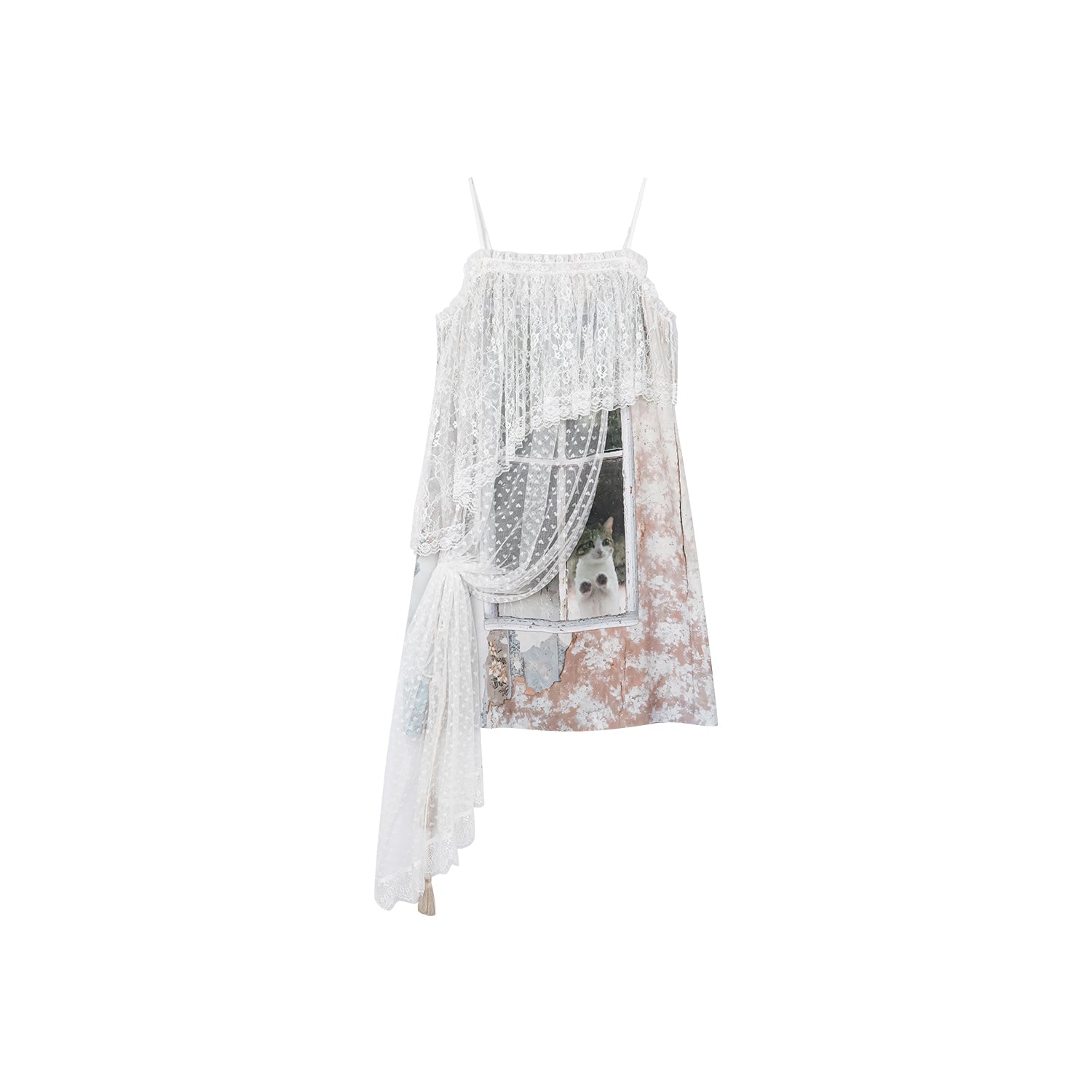 Satin & lace window scene print slip dress
