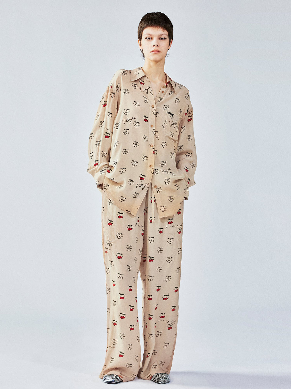 Hand-sketched dynamic cherry print pajama pants