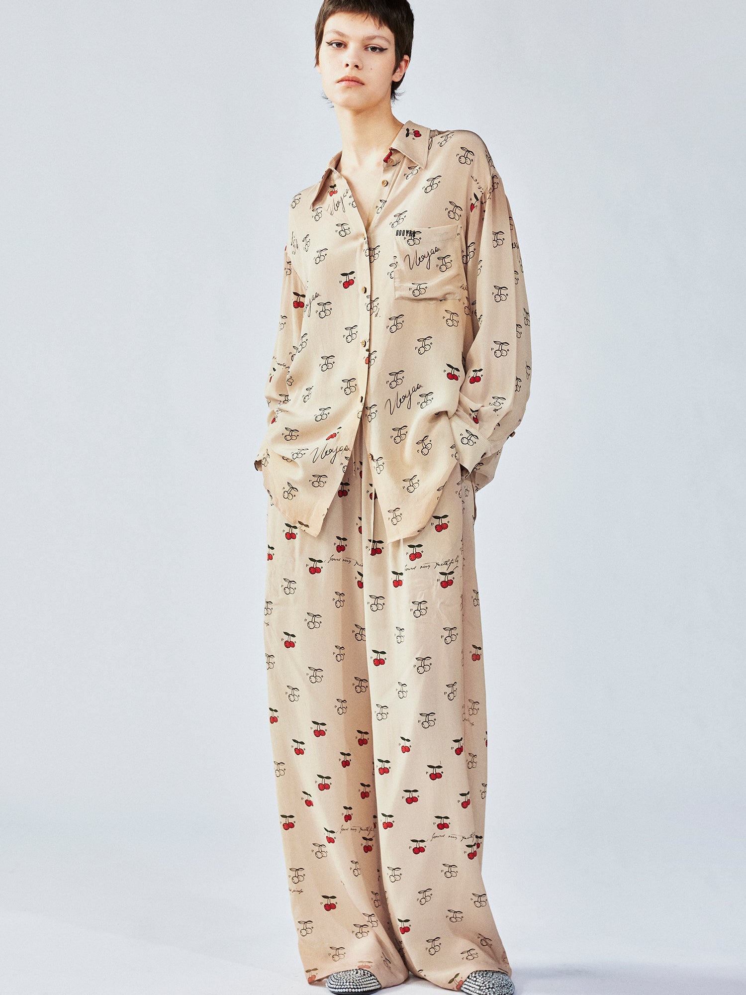 Hand-sketched dynamic cherry print pajama pants