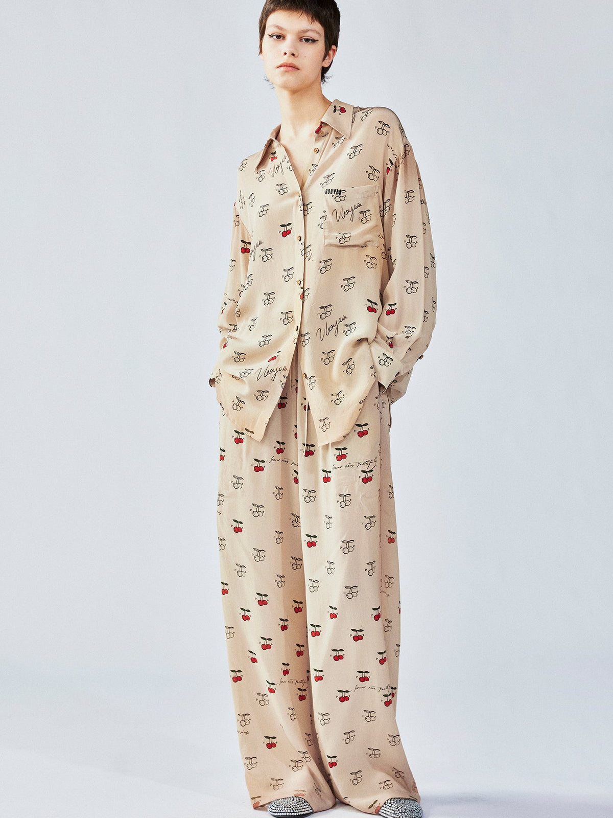 Hand-sketched dynamic cherry print pajama pants