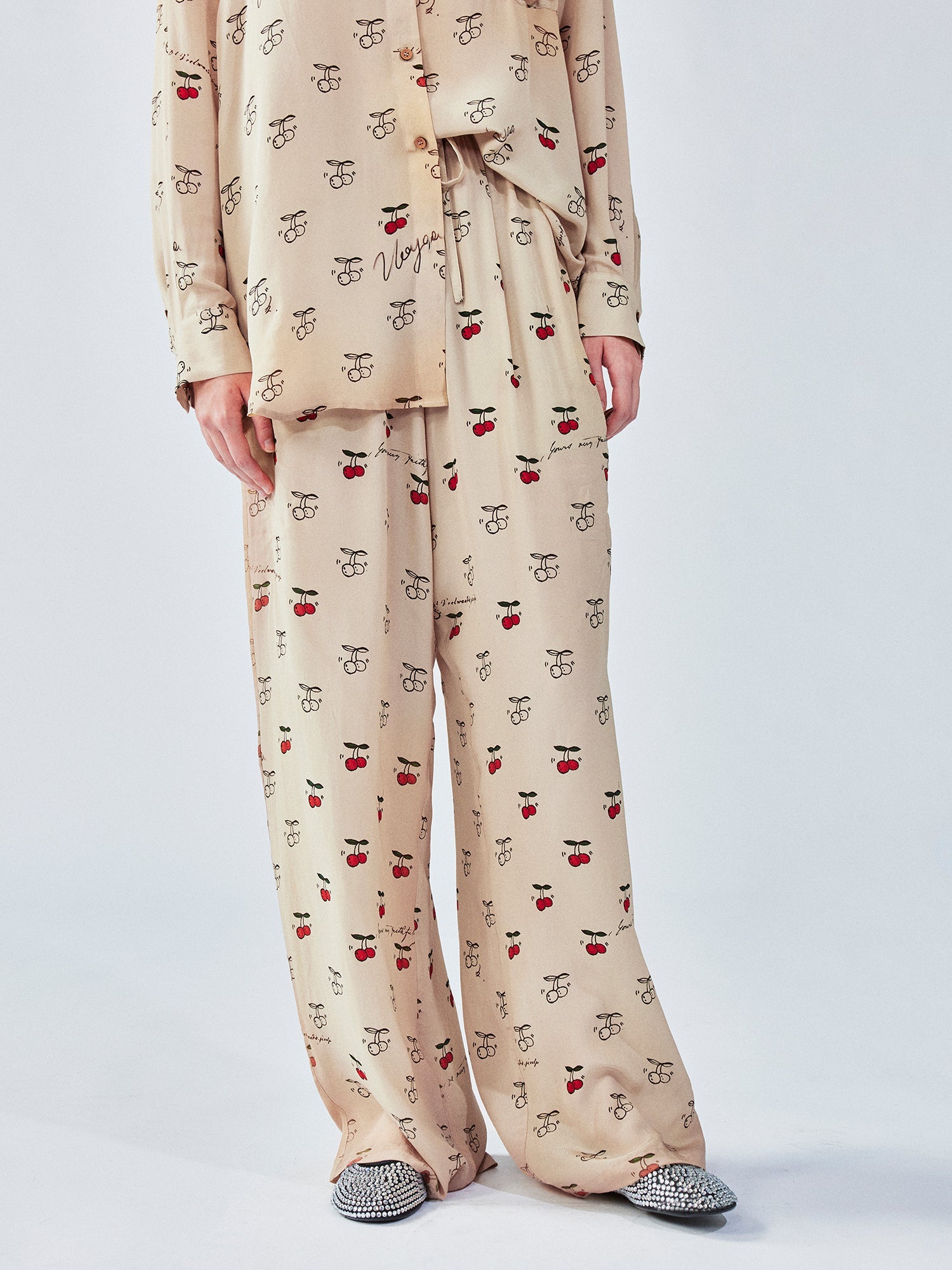 Hand-sketched dynamic cherry print pajama pants