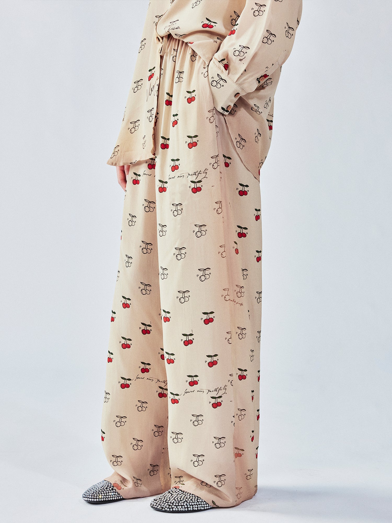 Hand-sketched dynamic cherry print pajama pants