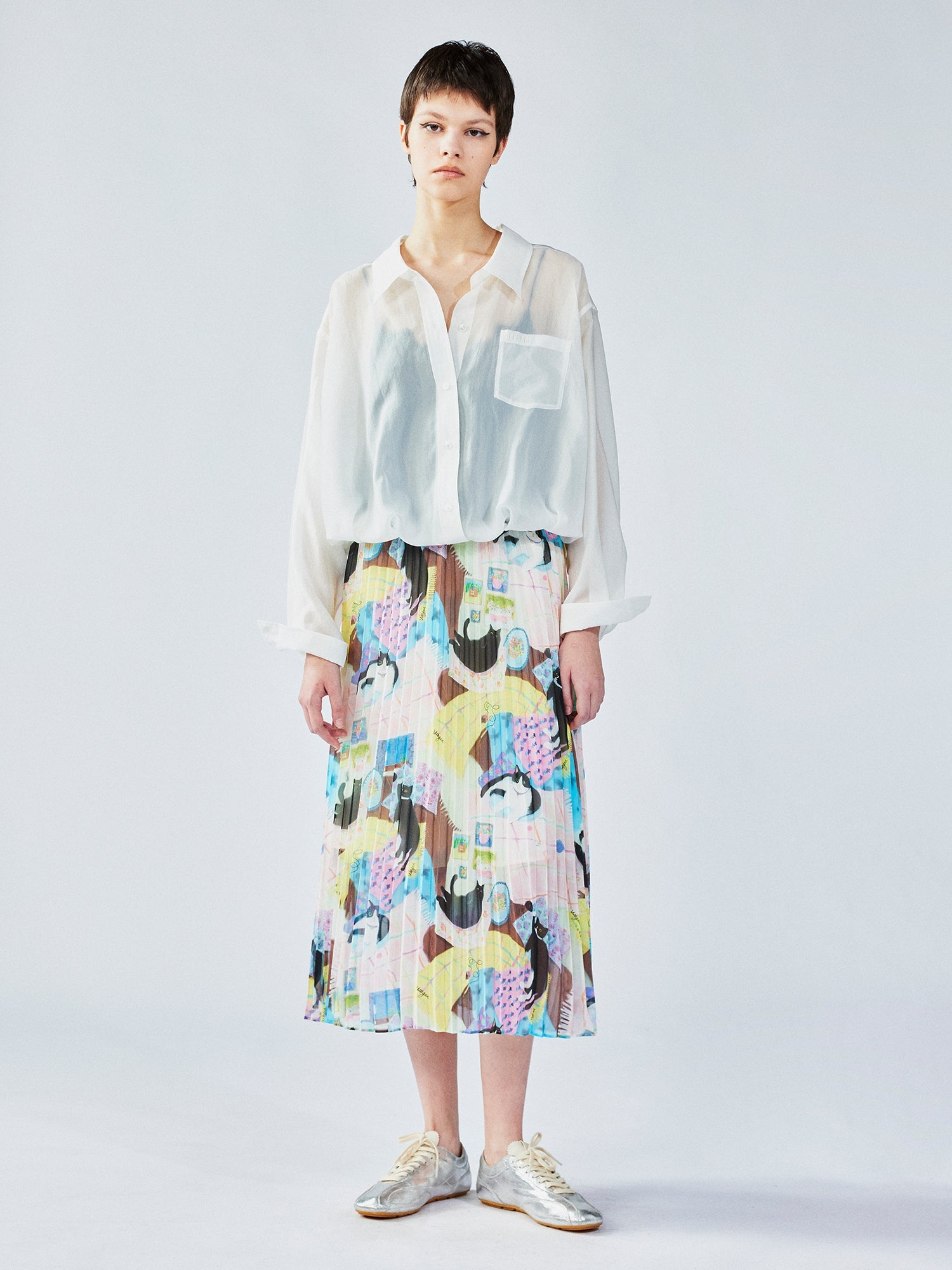 Cat print pleated skirt