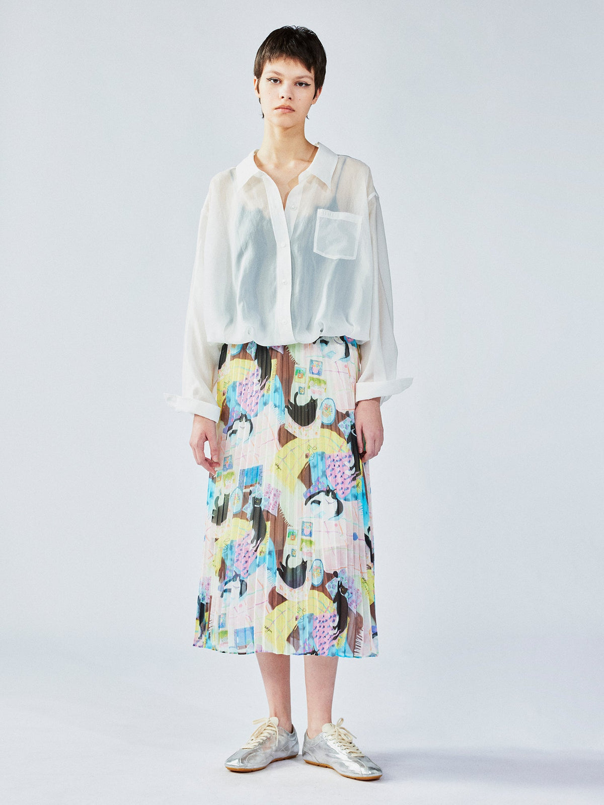 Cat print pleated skirt
