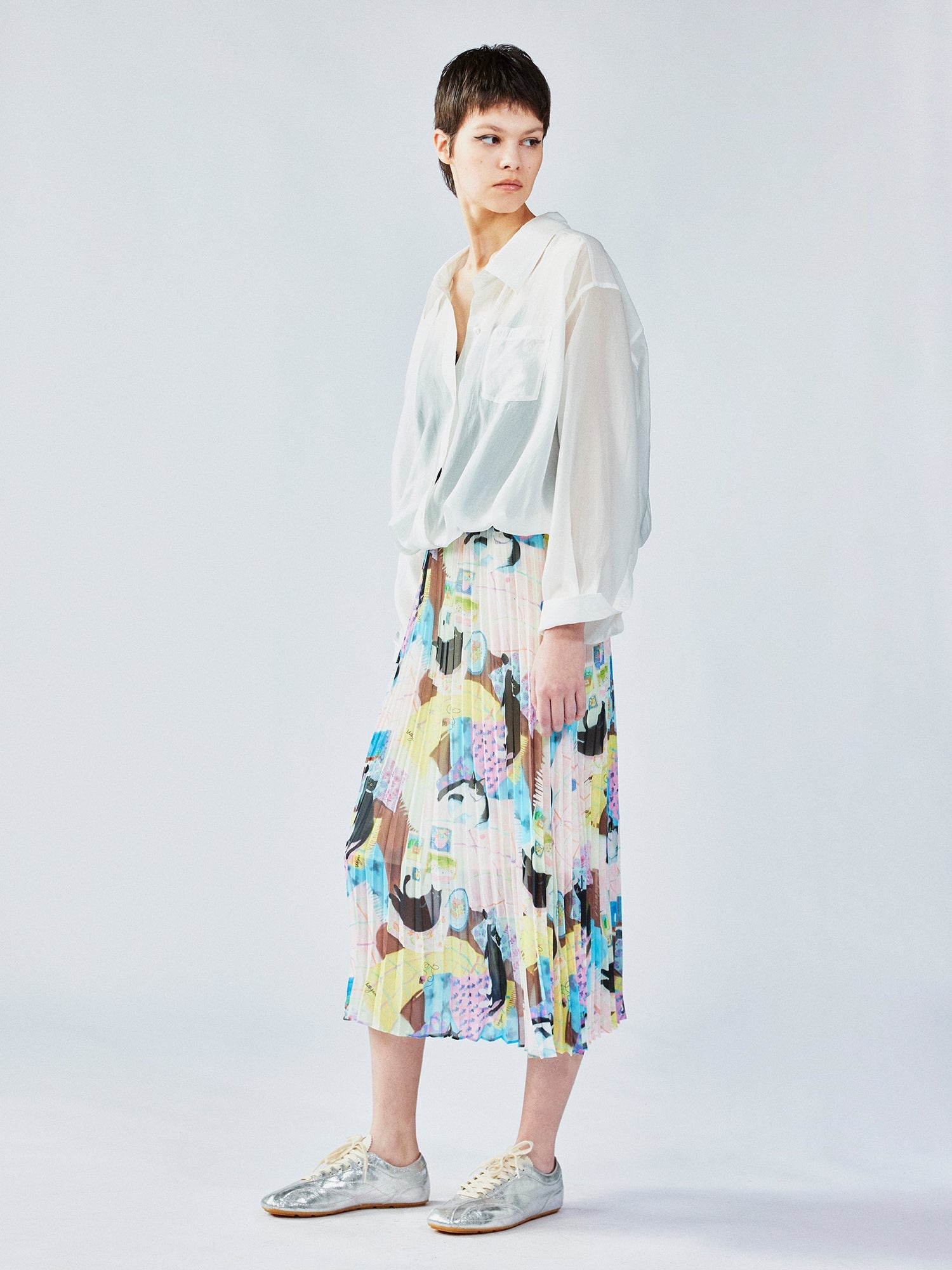 Cat print pleated skirt