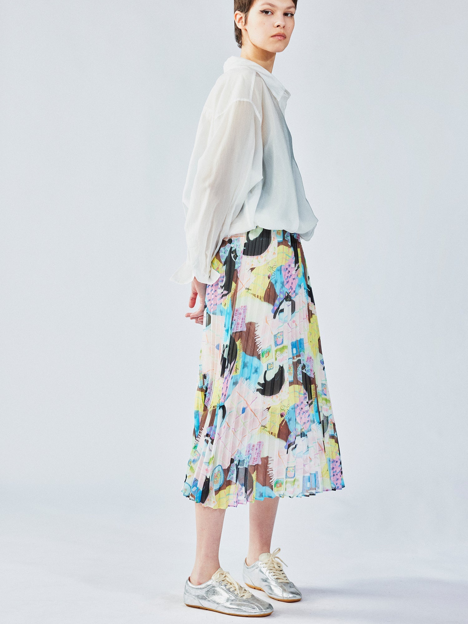 Cat print pleated skirt