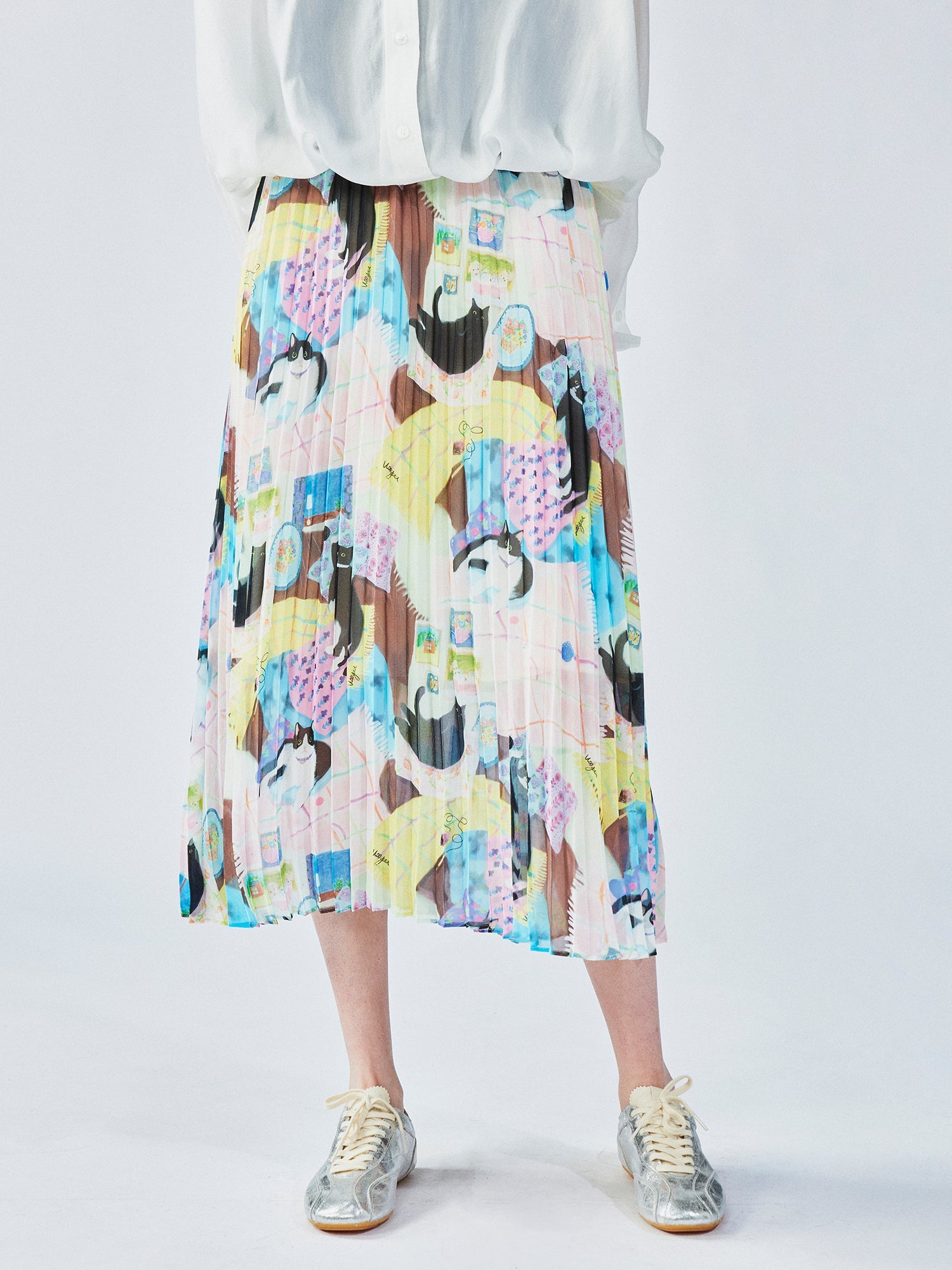 Cat print pleated skirt