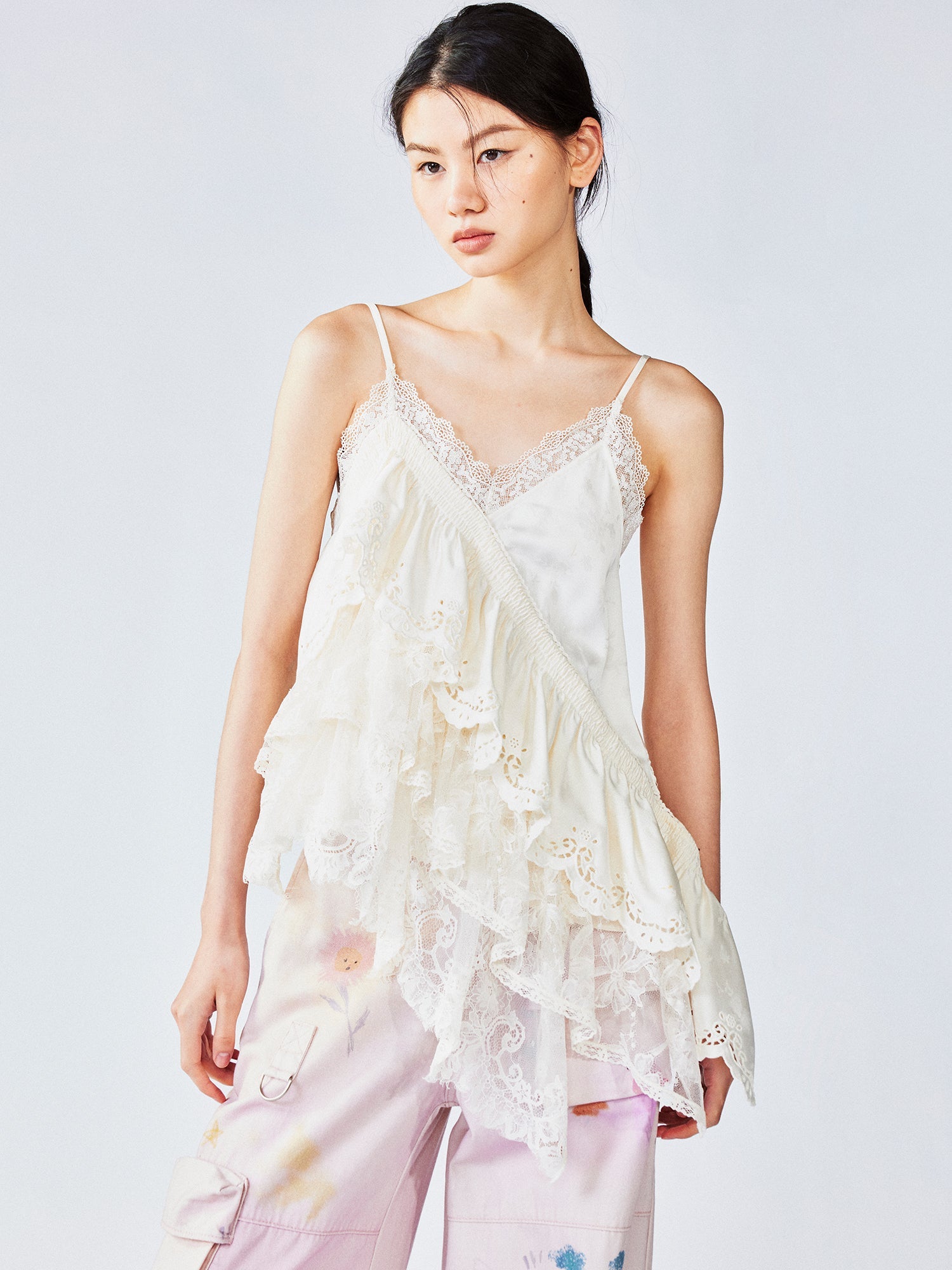 Tiered lace jacquard camisole