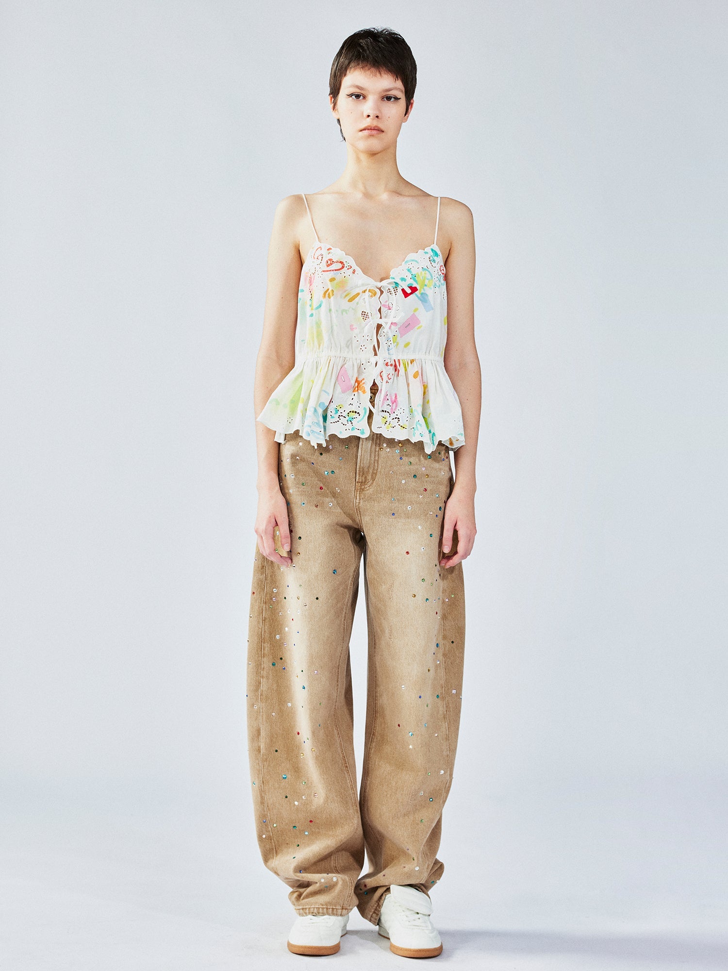 Graffiti ruffle tie-strap camisole