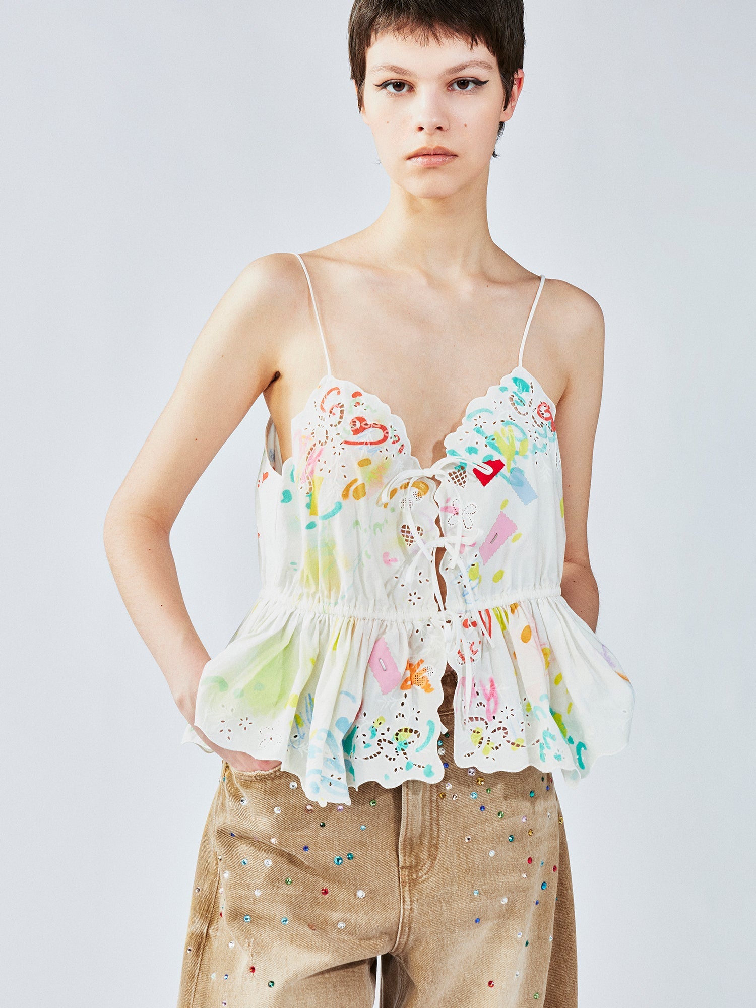 Graffiti ruffle tie-strap camisole