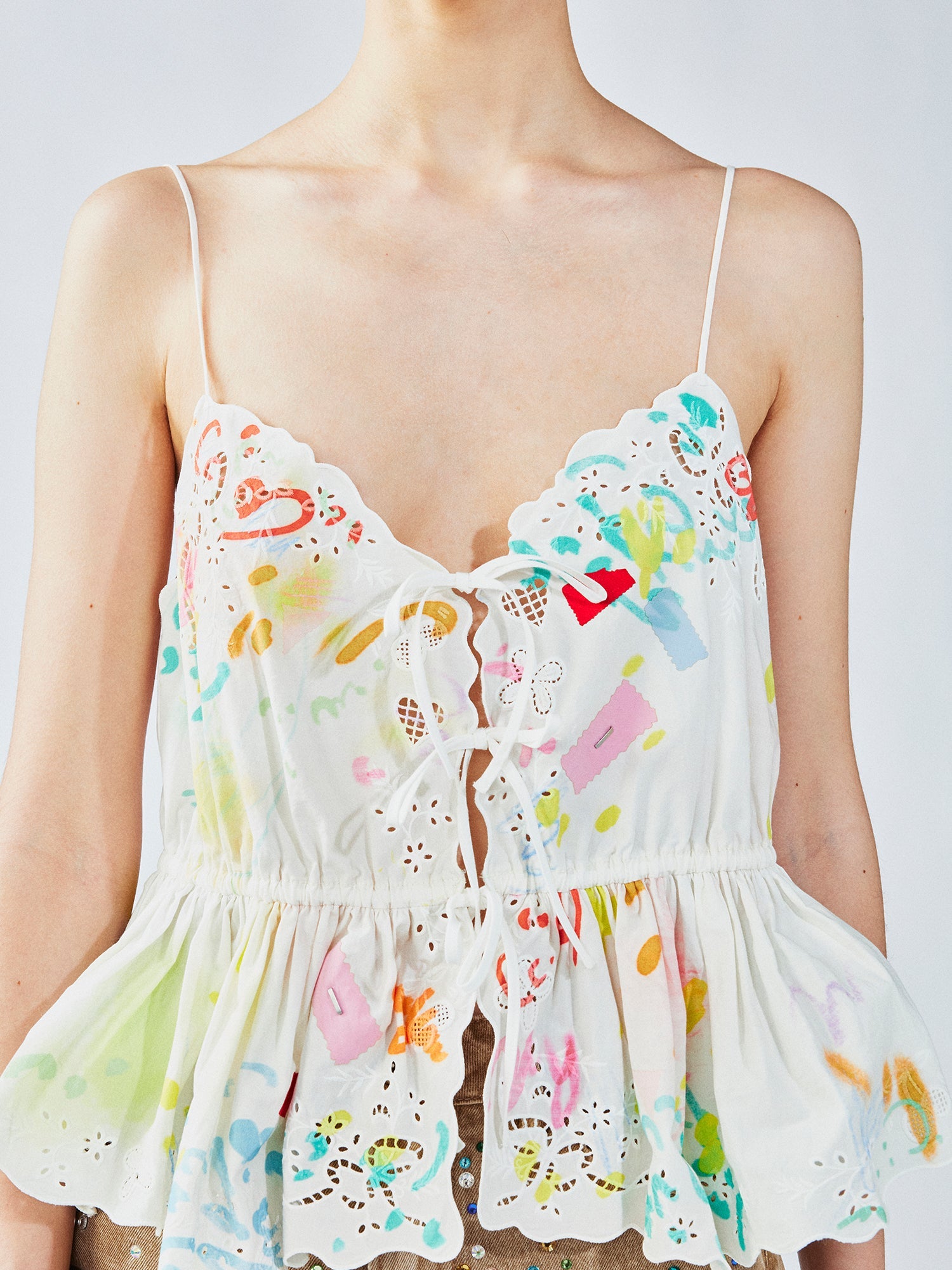 Graffiti ruffle tie-strap camisole