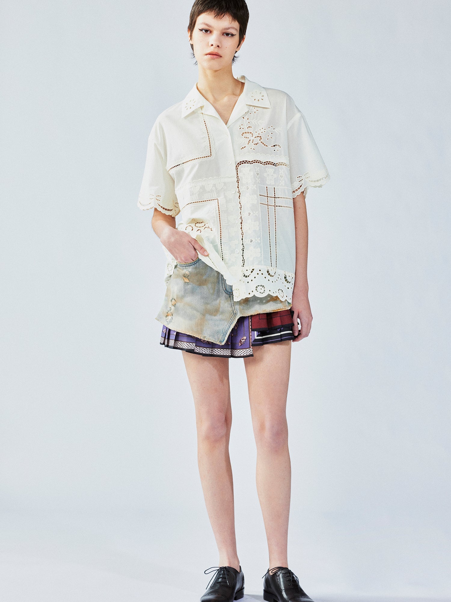 Cutwork embroidery patchwork shirt